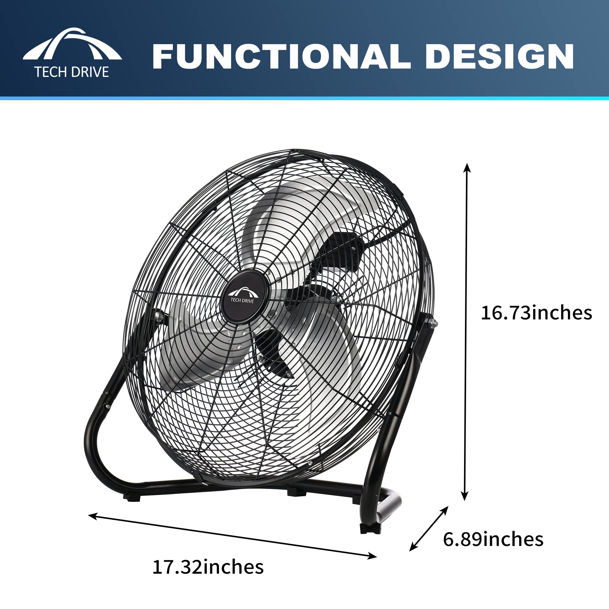 Tech Drive High Velocity Floor Fan,14 Inch Heavy Duty Metal Industrial Fans,3 Powerful Speed,360 Adjustable Tilting And All Meta