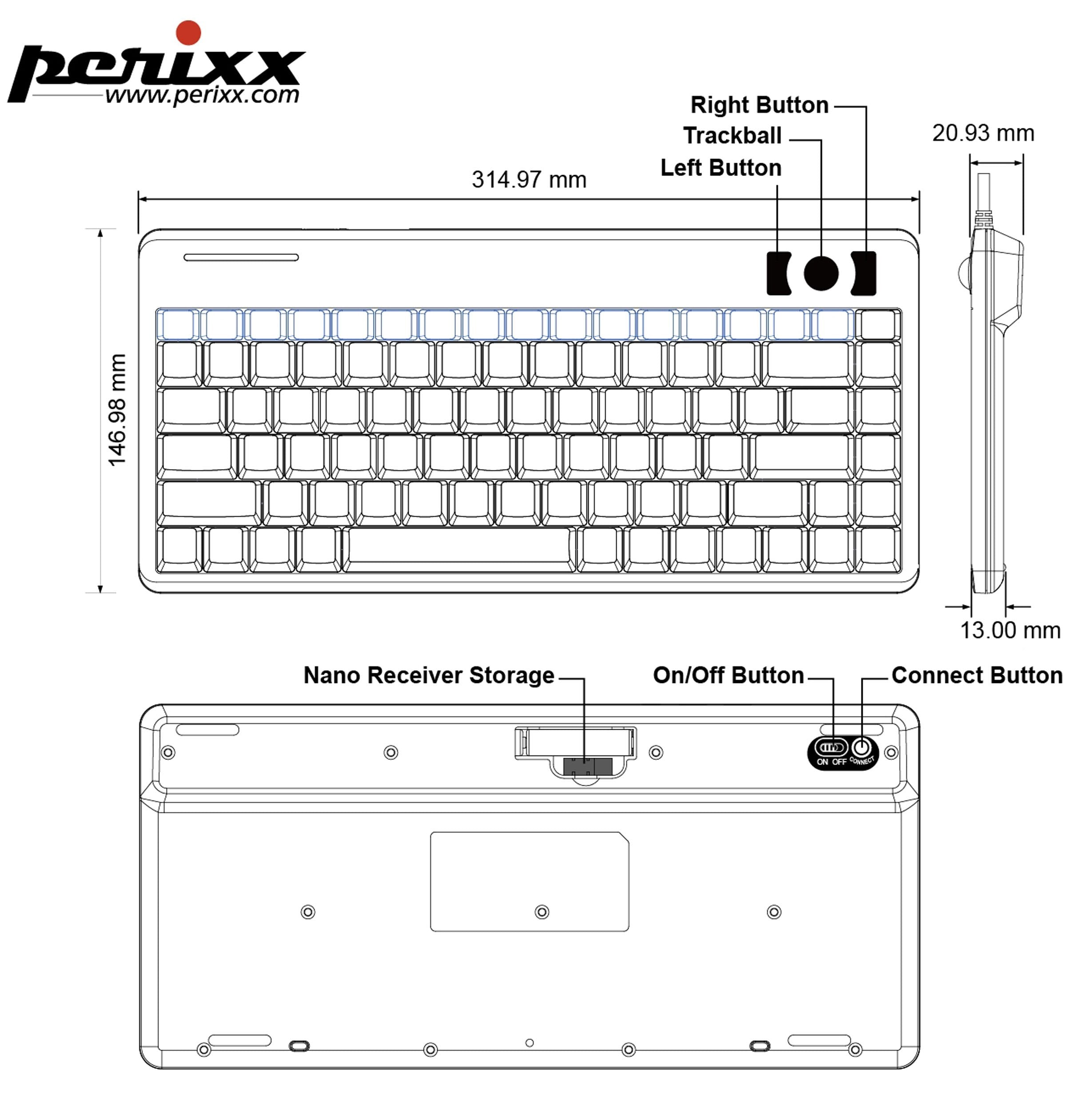 Perixx Periboard 706 Wireless Trackball Mini Keyboard, Build In 0.55 Inch Trackball For Pointing Feature, Black, Us English Layout