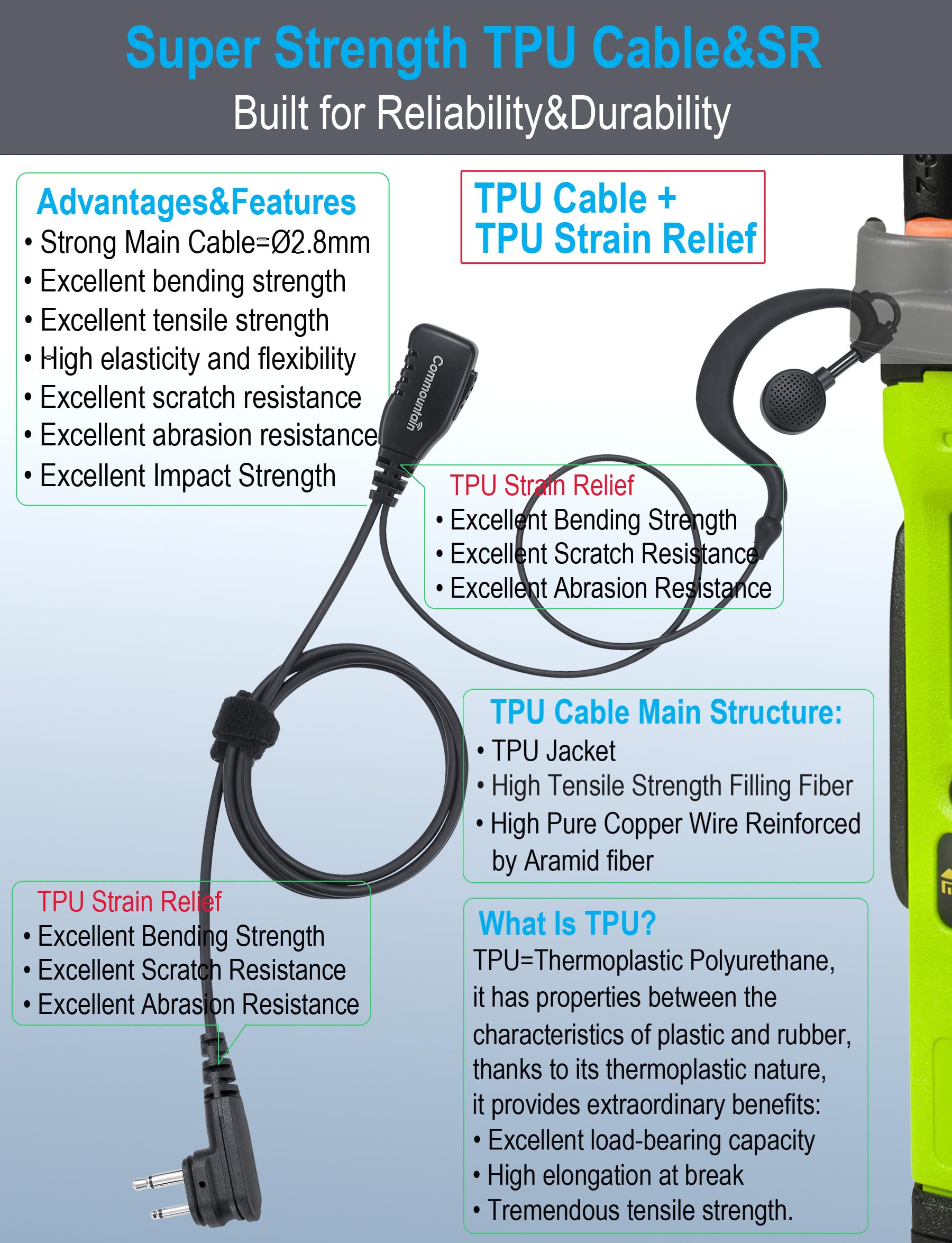 Commountain Cls1410 Cls1110 Earpiece With Ptt/Mic For Motorola Walkie Talkies Radios Dtr550 Dtr700 Rdu4100 Rdu4160D Rmu2040 Rmu2080D Rmu2080 Dlr1020, Cls 1410 Cls 1110, G Shape Headset, 2 Pin
