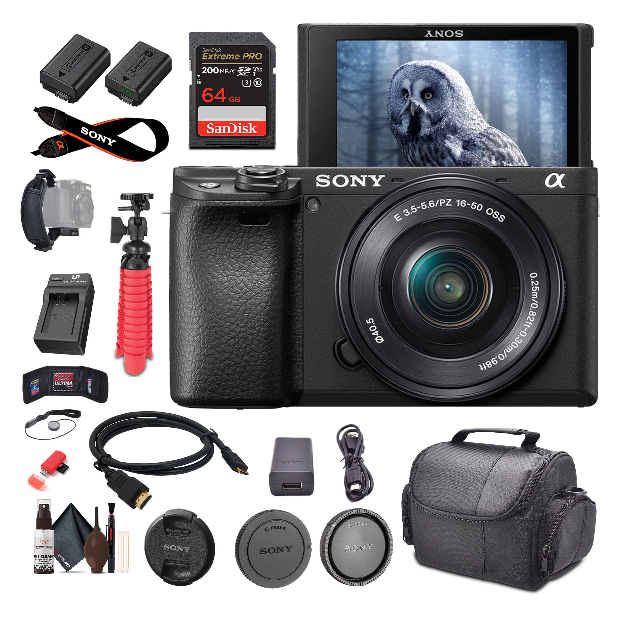 Sony a6400 Mirrorless Camera with 16-50mm Lens (ILCE-6400L/B) + 64GB Memory Card + NP-FW50 Battery + Charger + Case + Flexible T