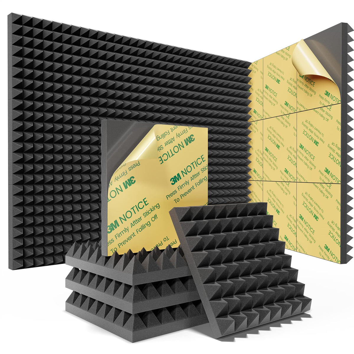 Sonicism 12 Pack Pyramid Sound Proof Foam Panels With Self Adhesive, 12'' X 12'' X 2'' Acoustic Foam Panels Of High Density, Sou