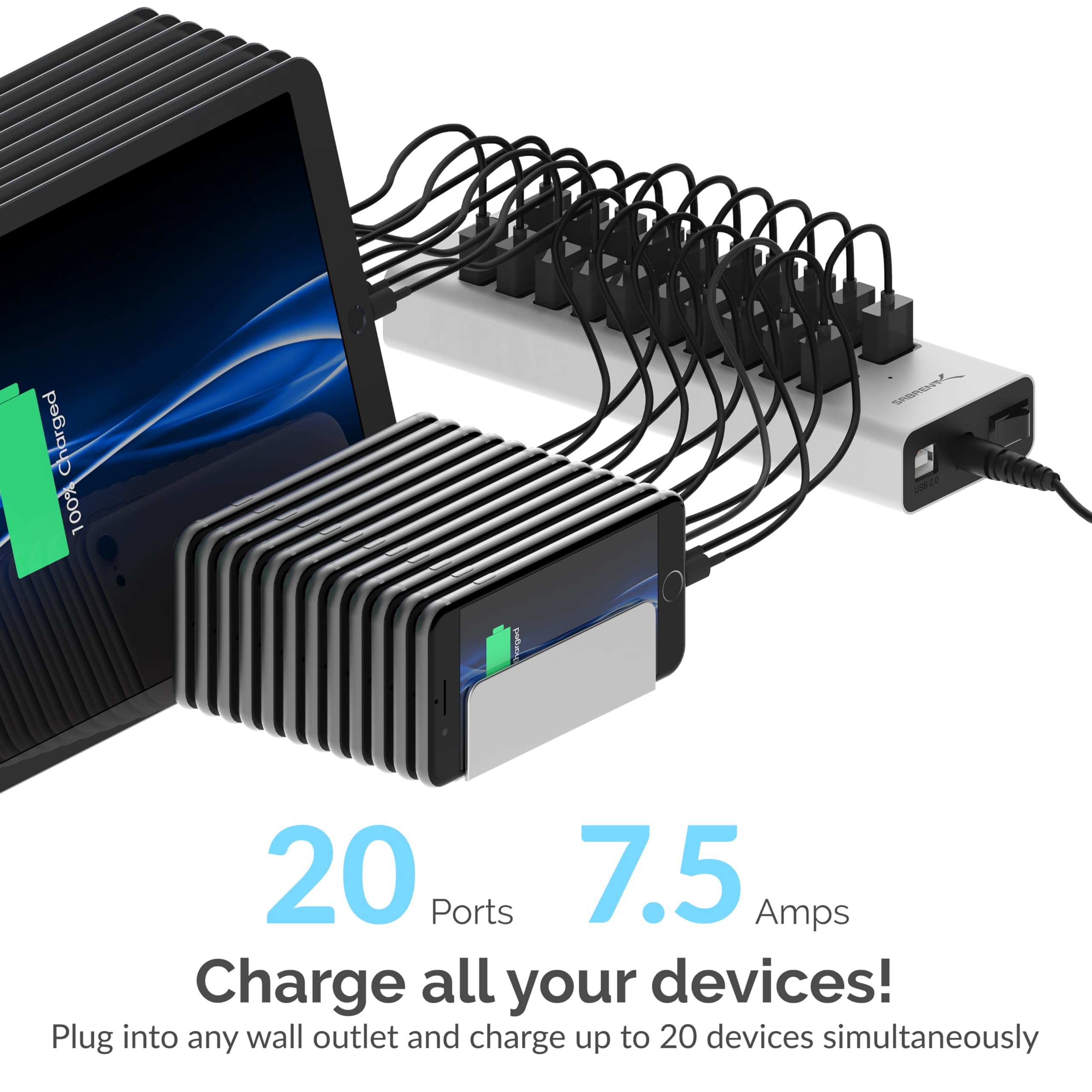 Sabrent 90W 20 Port Usb 2.0 Fast Charger, 12V Power Supply Included (Ax P20C)
