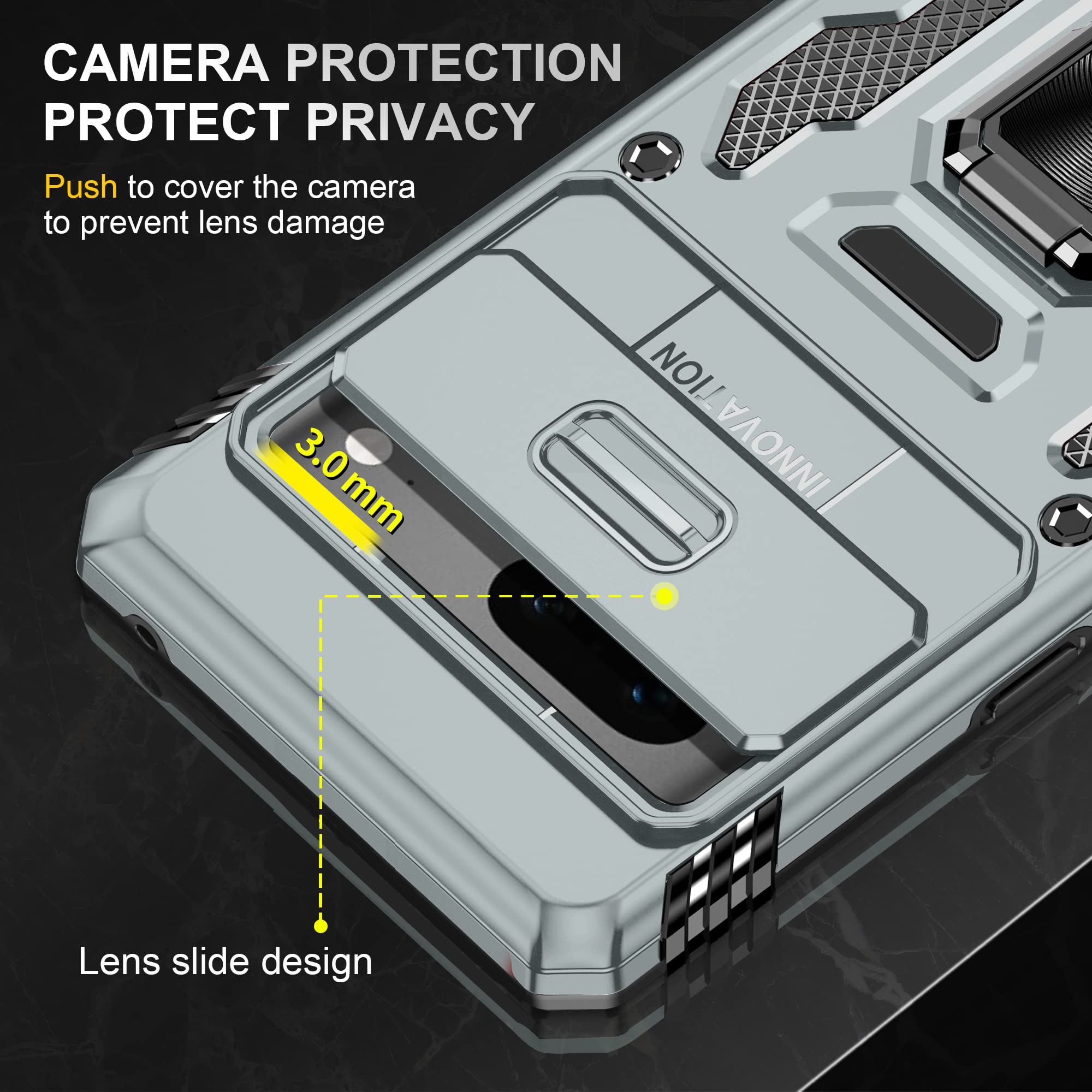 Deerlamn Case For Google Pixel 7 With Slide Camera Cover+Screen Protector(1 Pack), Rotated Ring Kickstand Military Grade Shockpr