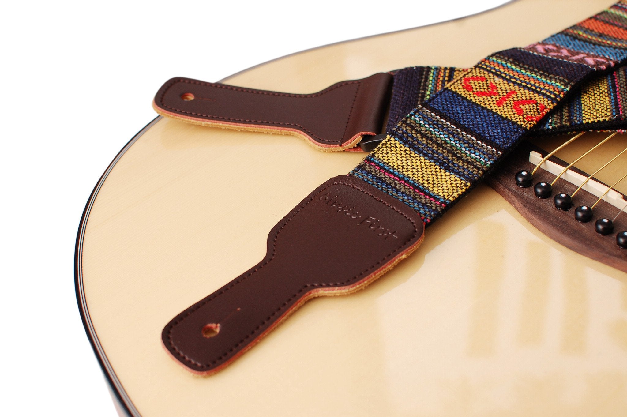 Music First Original Design, 2 Inch Width (5Cm), Classic Country Style Yarn-Dyed Fabric & Genuine Leather Guitar Strap Electric