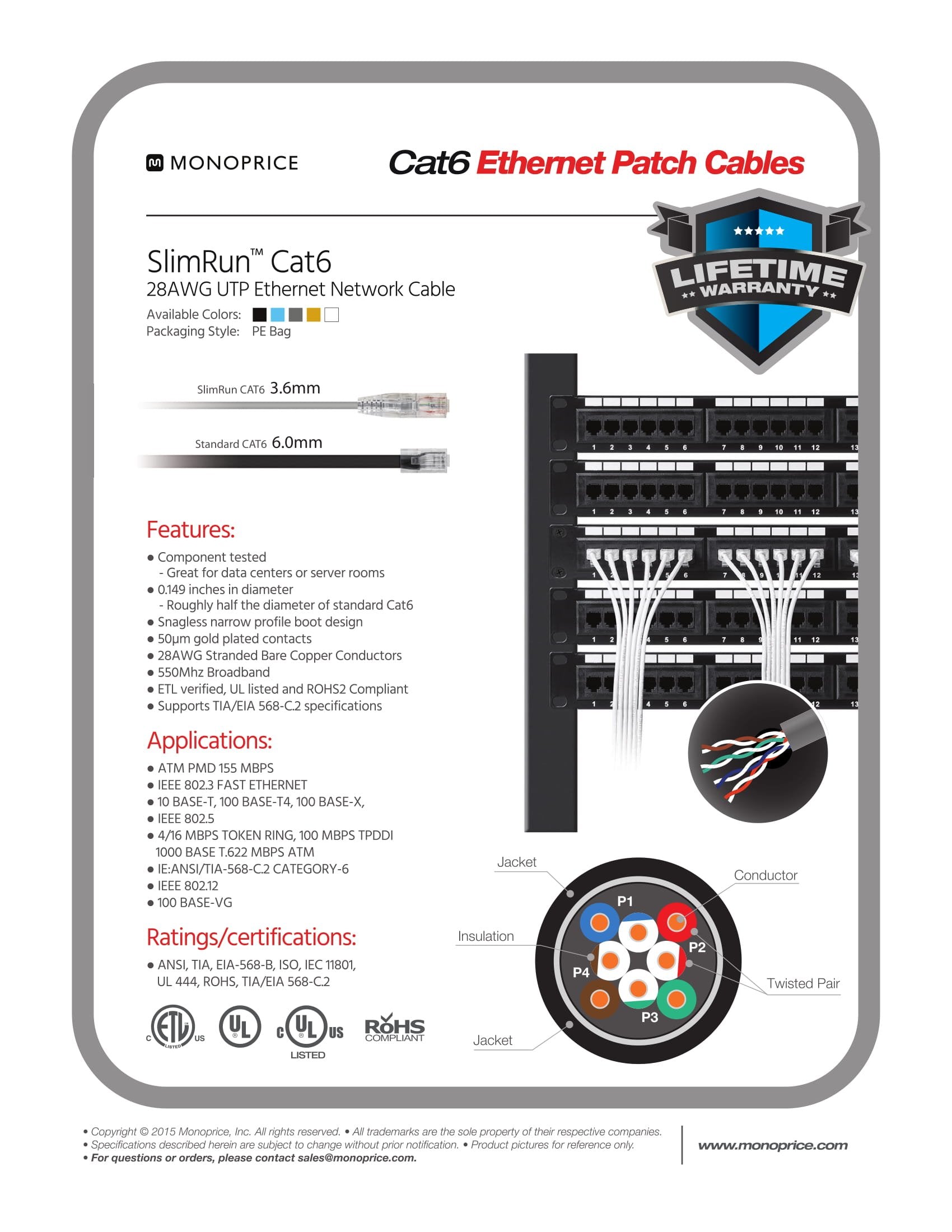 Monoprice Cat6 Ethernet Patch Cable   Snagless, Stranded, 550Mhz, Utp, Cmr Rated, 28Awg, 0.5 Feet, Purple   Slimrun Series