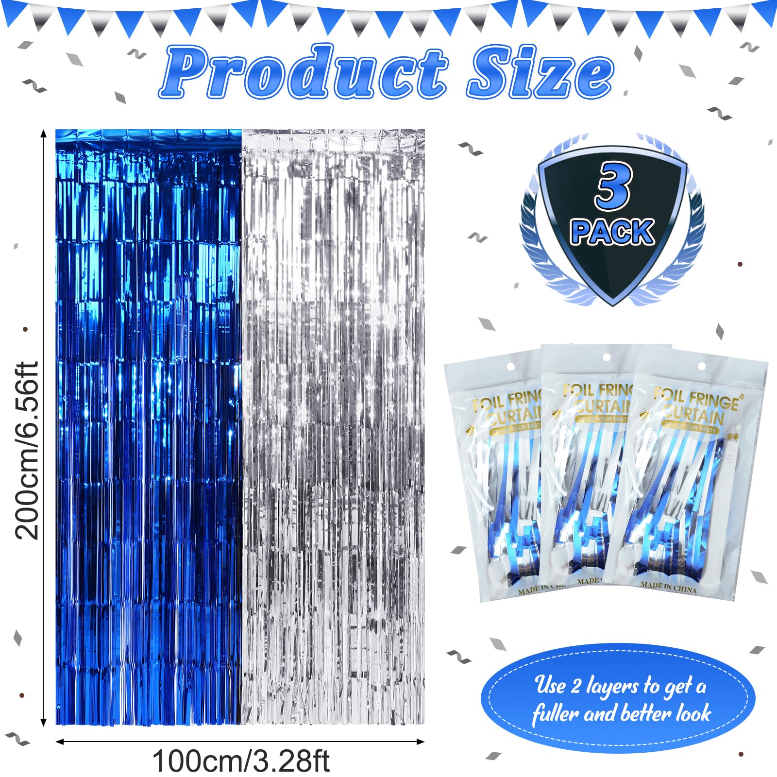 3Pack 3.3Ft X 6.6Ft Graduation Foil Fringe Curtain Backdrop Decorations, Blue Silver Metallic Tinsel Foil Streamers Curtain Phot
