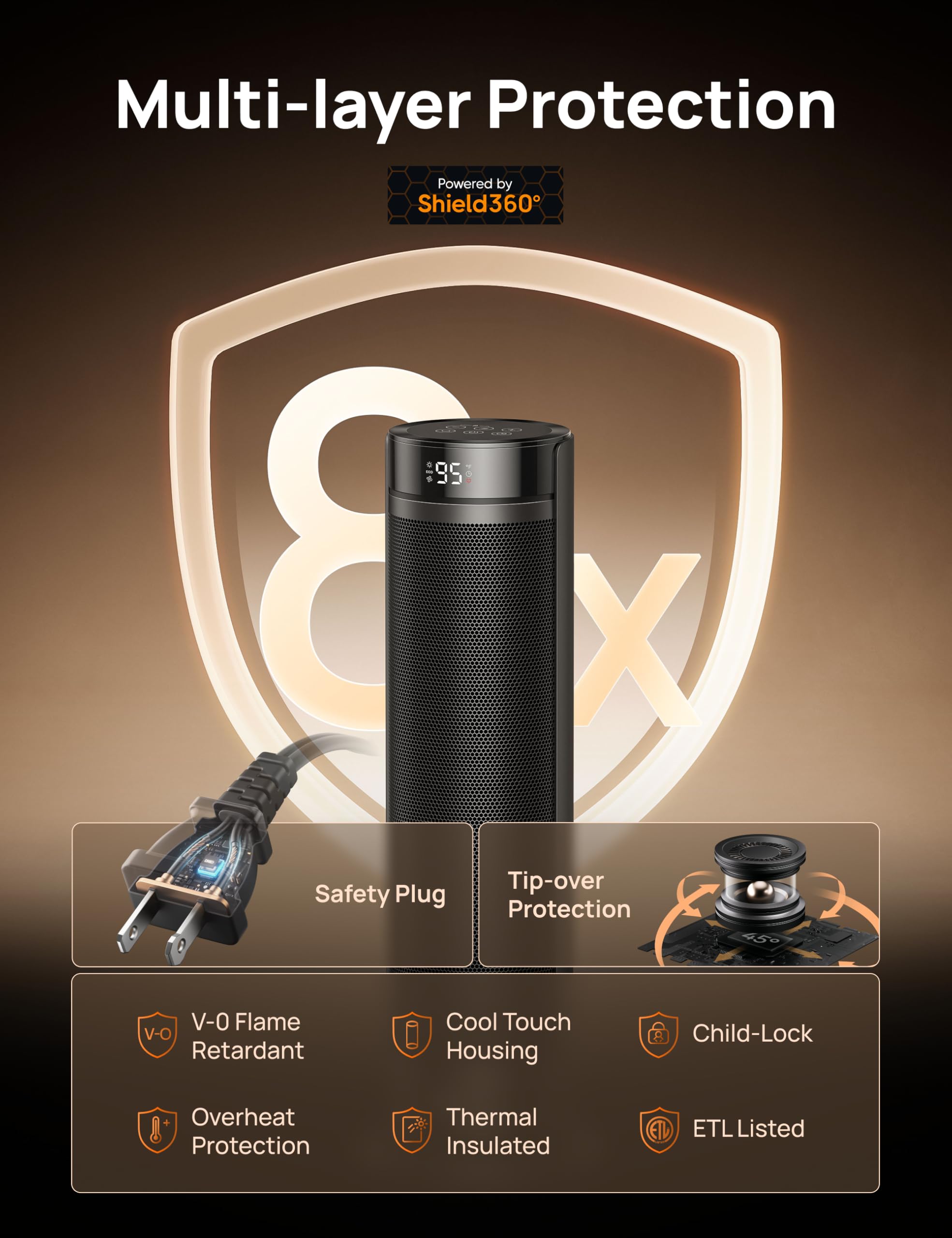 Dreo Space Heater For Large Room, 23 Inch Electric Heaters For Indoor Use, 8 Safe Protection Tower, 70 Oscillation, Ptc Ceramic