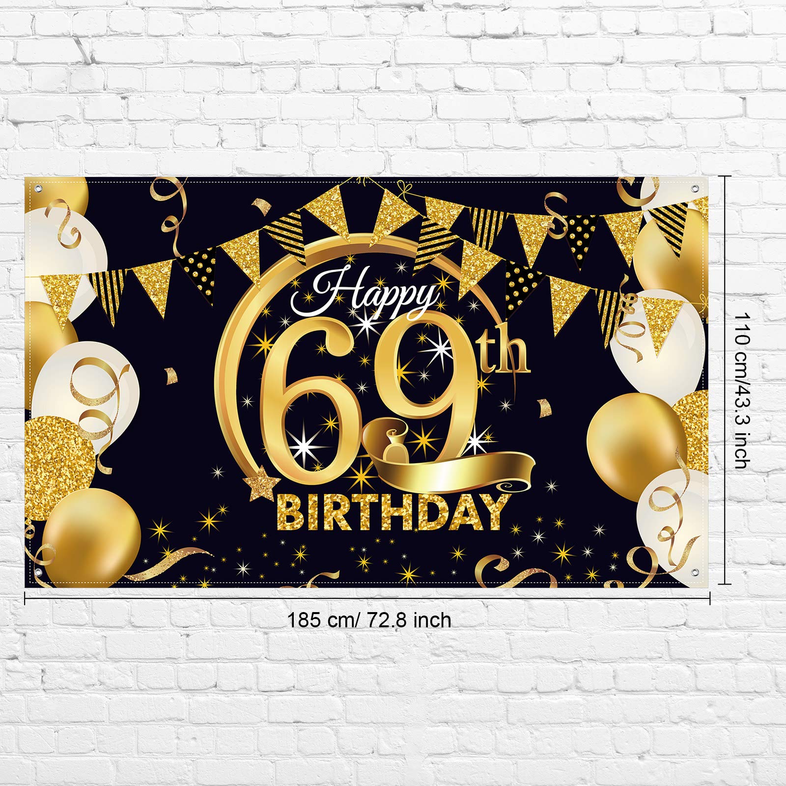 69Th Birthday Party Decoration, Extra Large Fabric Black Gold Sign Poster For 69Th Anniversary Photo Booth Backdrop Background B