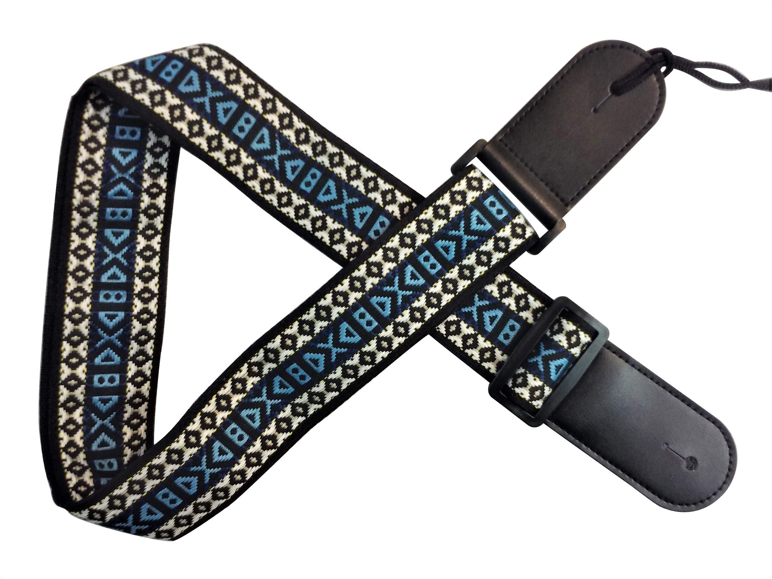 New Retro Vintage Jacquard Woven Acoustic Electric Guitar Strap, Blue and Yellow, Guitar Bass