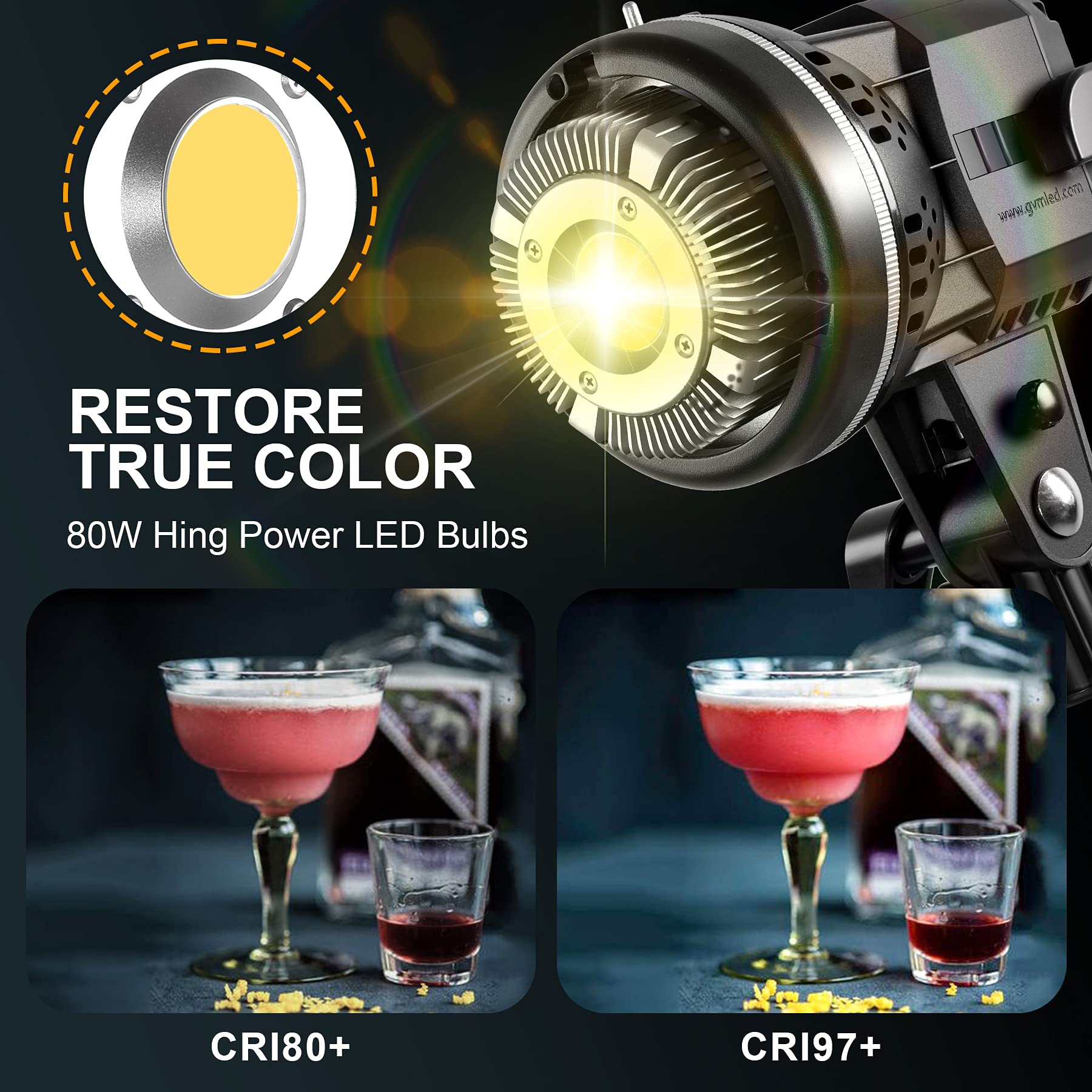 Gvm Great Video Maker 80W Cri97+ Video Lights With Bowens Mount Color Temperature 5600K Dimmable Led Continuous Lighting Spotlig