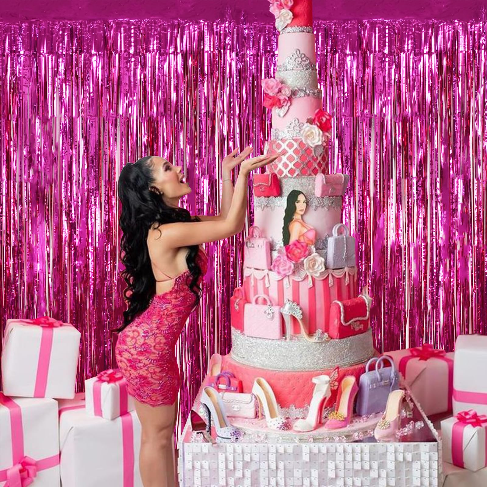 Beishida 2 Pcs Hot Pink Backdrop Pink Door Streamers Tinsel Curtains Streamers Party Decoration Foil Fringe Backdrop Wall Backgr