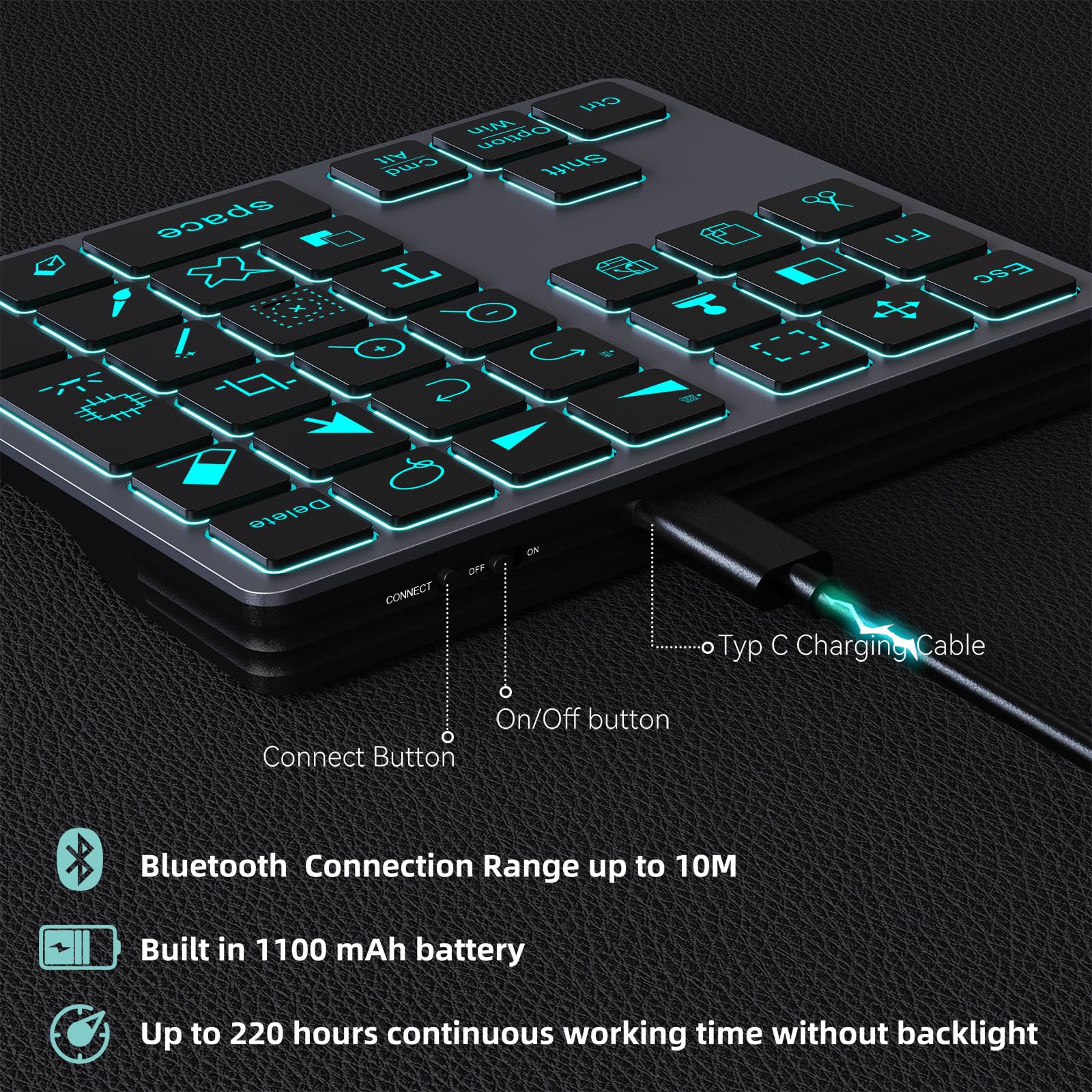 Doohoeek Bluetooth Shortcut Keyboard for Adobe Photoshop - Rechargeable, 7-Color Backlit Keypad for Mac & PC