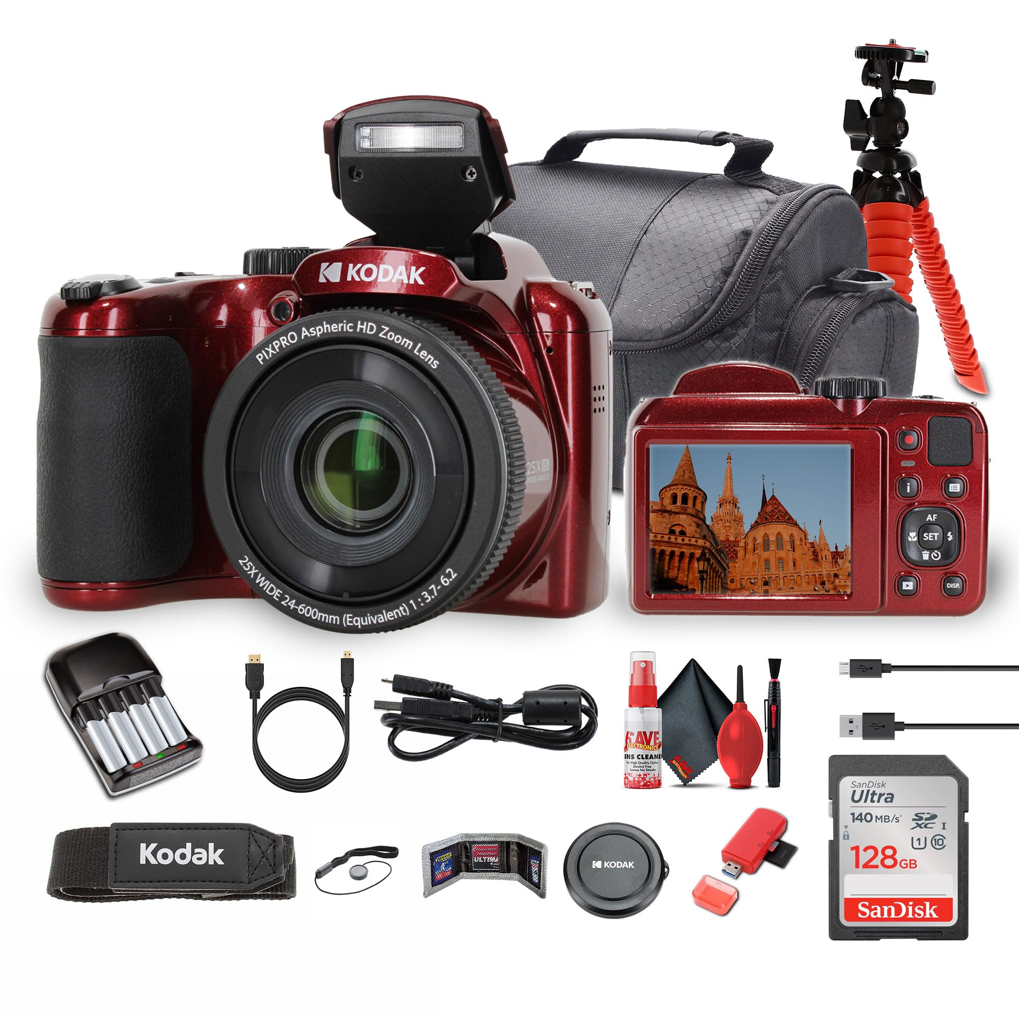 Kodak Pixpro AZ255 Digital Camera in Red (AZ255RD) Bundle Including: 128 GB Memory Card, Rechargeable Batteries, Case, Flexible 