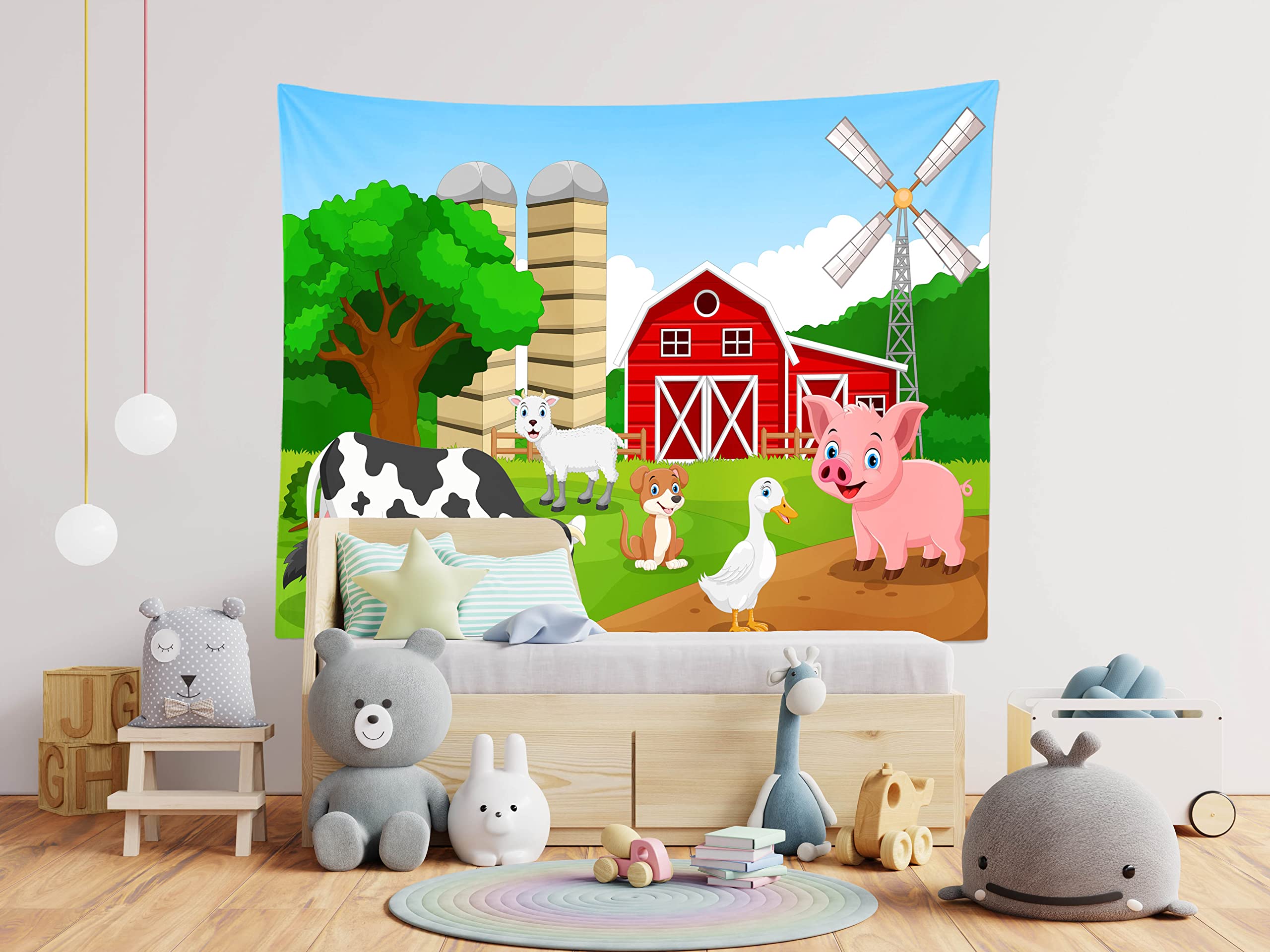 Loccor 7X5Ft Fabric Farm Animal Backdrop For Kids Birthday Party Decorations Cartoon Red Barnyard Cow Photography Background Bab