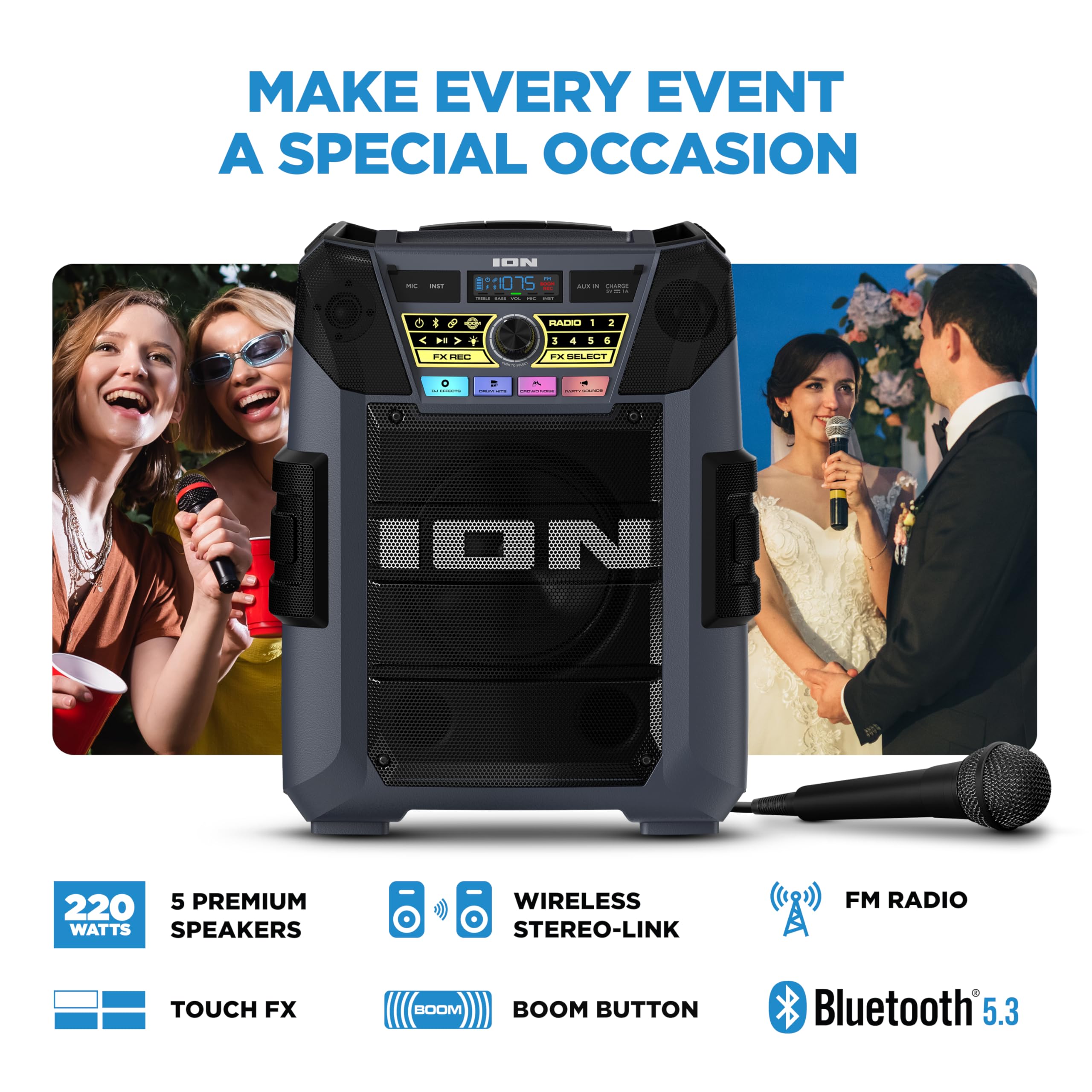 Ion Block Rocker Xl   Portable Bluetooth Outdoor Party Speaker, 220W, With Karaoke Microphone, Battery, 5 Speakers, Lights, Radi