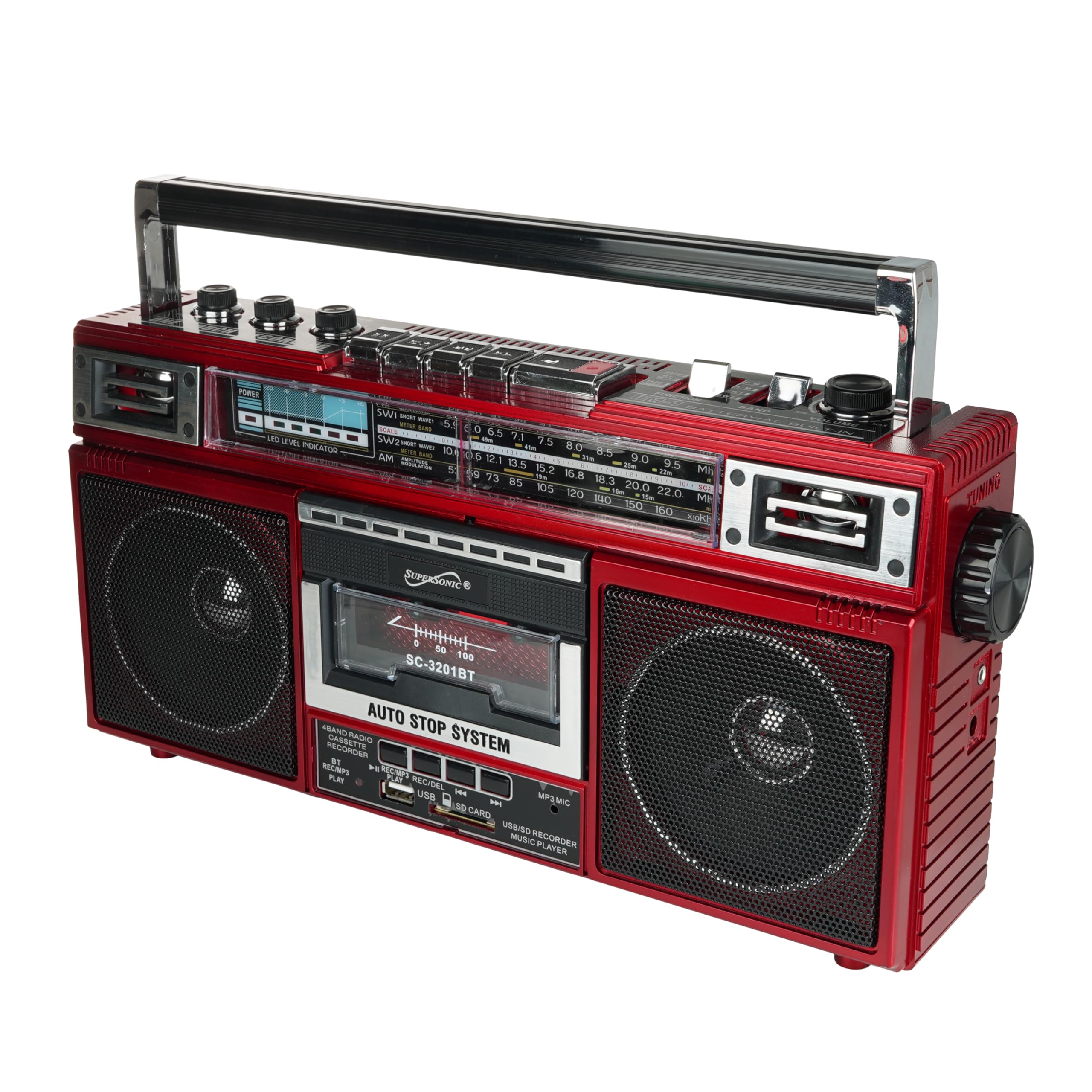 Supersonic SC-3201BT 4 Band Radio & Cassette Player Boombox, Bluetooth Speaker, AM/FM/SW Radio with MP3 Playback, USB & SD Card,