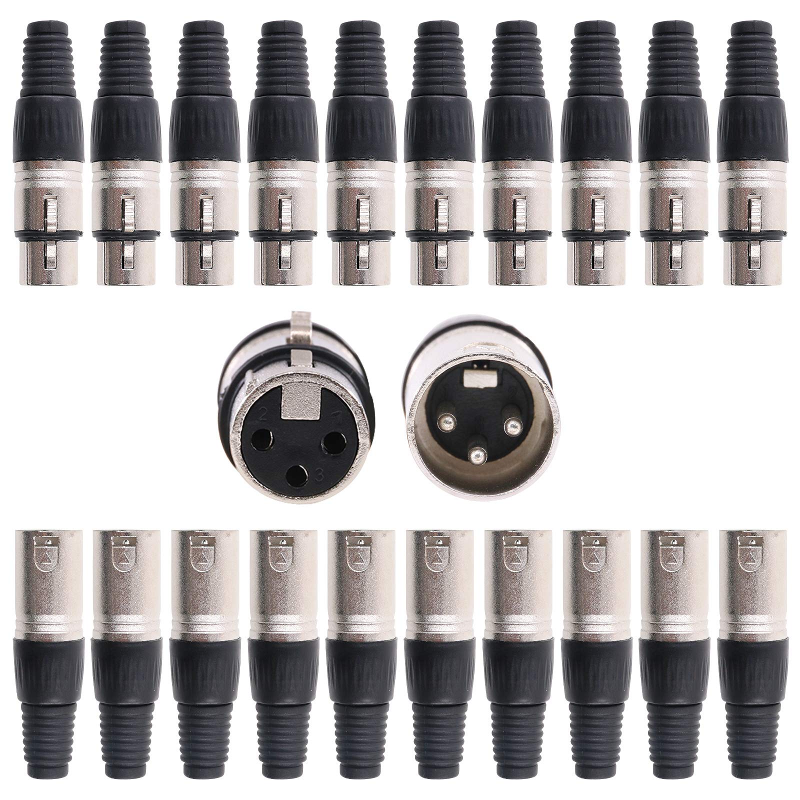 Glarks 20 Pack Xlr 3 Pin Male/Female Plugs Audio Mic Microphone Cable Plug Connector Audio Socket, Black Sliver Housing