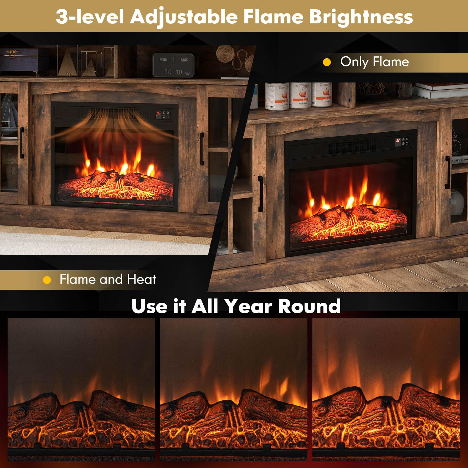 Costway Electric Fireplace Tv Stand For Tvs Up To 65 Inches, 1400W Heater Insert With Remote Control, 6H Timer, 3 Level Flame, Overheat Protection And Csa Certification, Adjustable Shelves, Brown