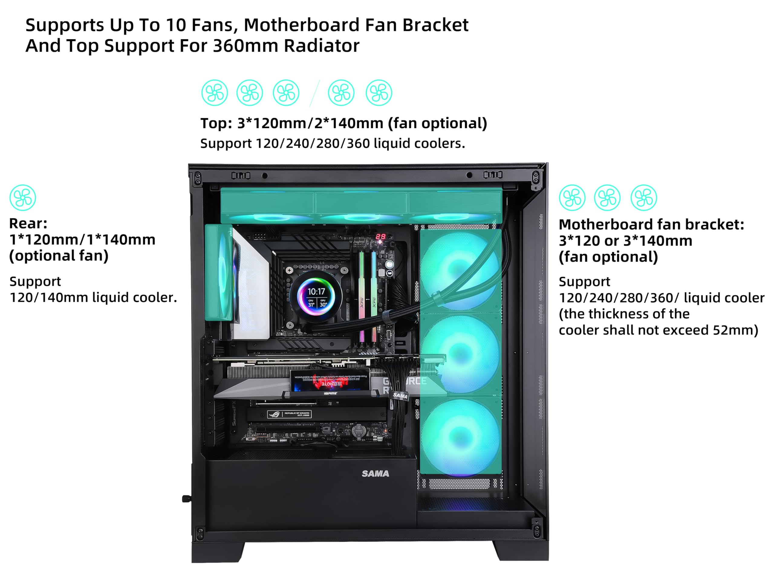 Sama Neview 4503 Black Airflow Full Tower Case Atx Pc Gaming Case Dual Tempered Glass 4X12Cm Argb Fan Pre Install Usb3.0X2 Type