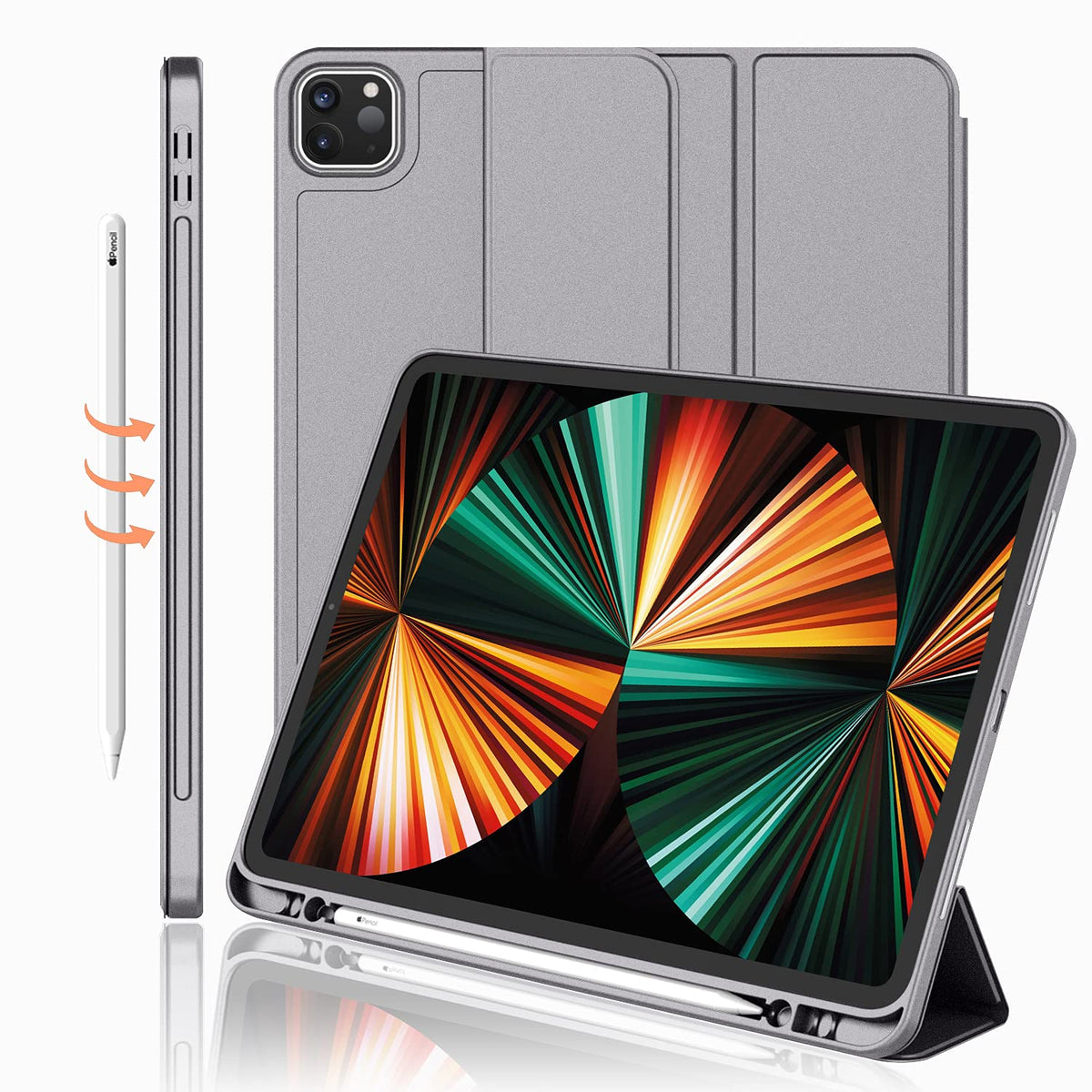 Imieet New Ipad Pro 12.9 Case 2022(6Th Gen)/2021(5Th Gen) With Pencil Holder [Support Ipad 2Nd Pencil Charging/Pair],Trifold Stand Smart Case With Soft Tpu Back,Auto Wake/Sleep(Silver Gray)