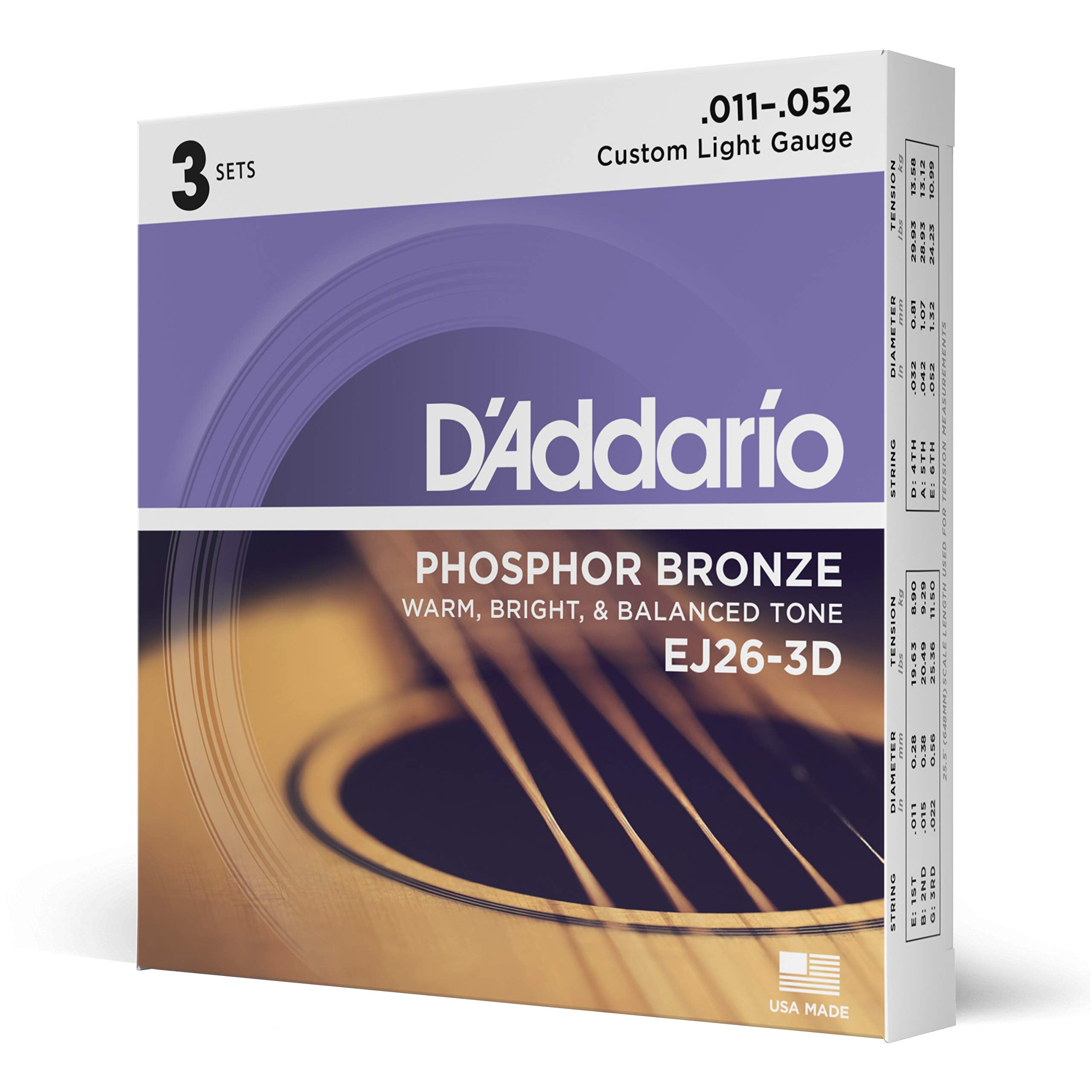 D'Addario Guitar Strings   Phosphor Bronze Acoustic Guitar Strings   Ej26 3D   Rich, Full Tonal Spectrum   For 6 String Guitars 