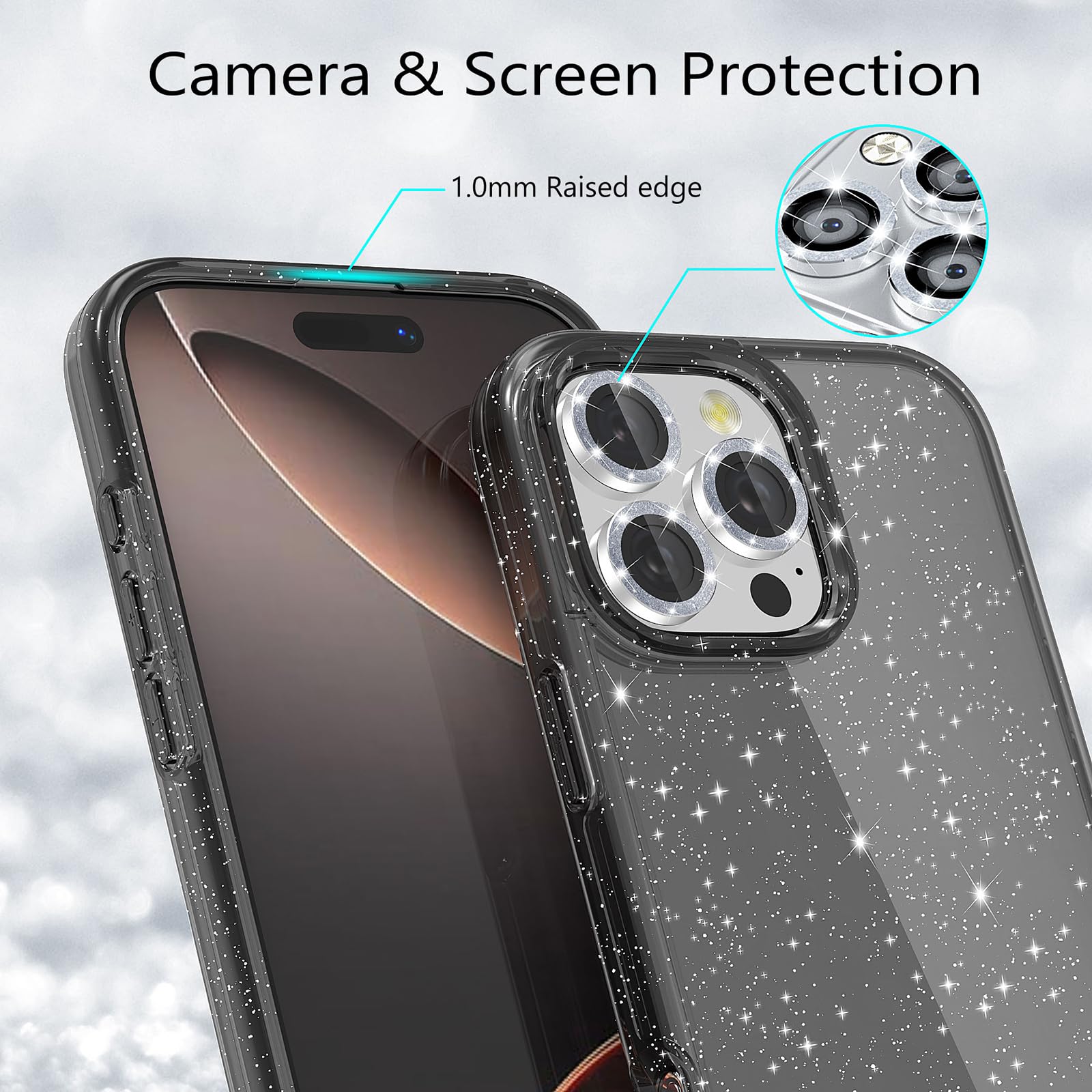 Jasmeas For Iphone 16 Pro Case Clear Glitter, With [2 Pack] Screen Protector & [3 Pack] Camera Lens Protector Sparkle Pc Hard So