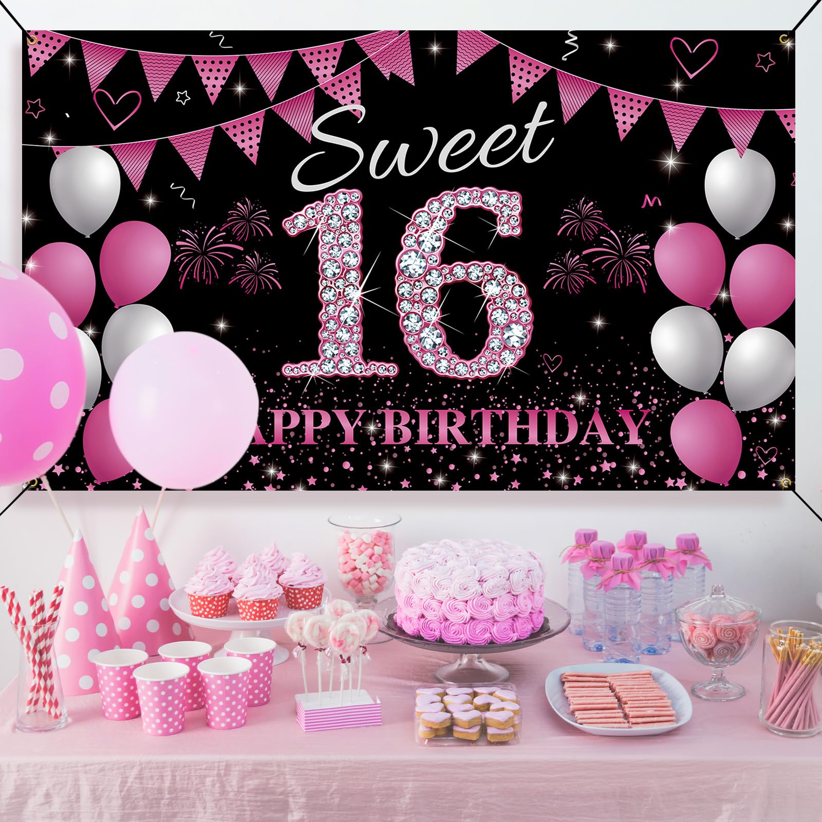 Htdzzi Sweet 16 Birthday Backdrop Banner Hot Pink, Sweet Sixteen Party Decorations, Happy 16Th Birthday Decorations For Girls, 1