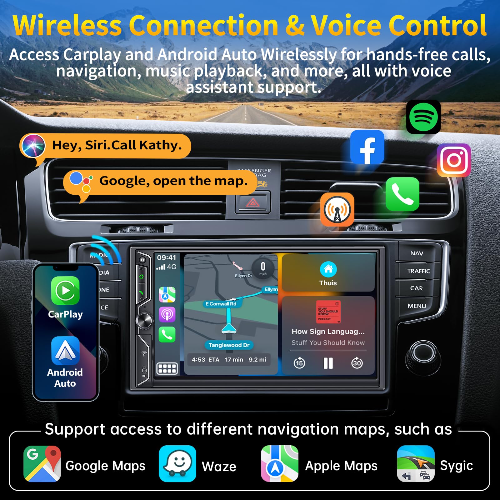 [Qled Screen Upgrade] Double Din Car Radio With Wireless Apple Carplay And Android Auto, Bluetooth, 4.2 Channel Audio Output, Mi