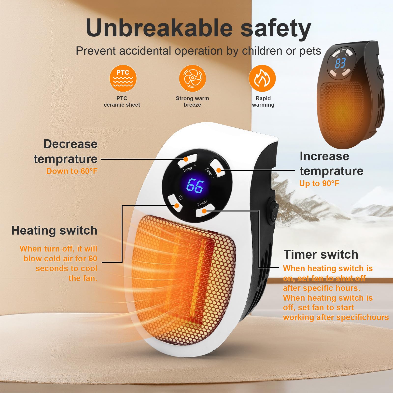 Upgrade Smart Plug In Wall Space Heater,450Wprogrammable Portable Electric Small Safe Heater,Adjustable Thermostat/Timer,Overhea