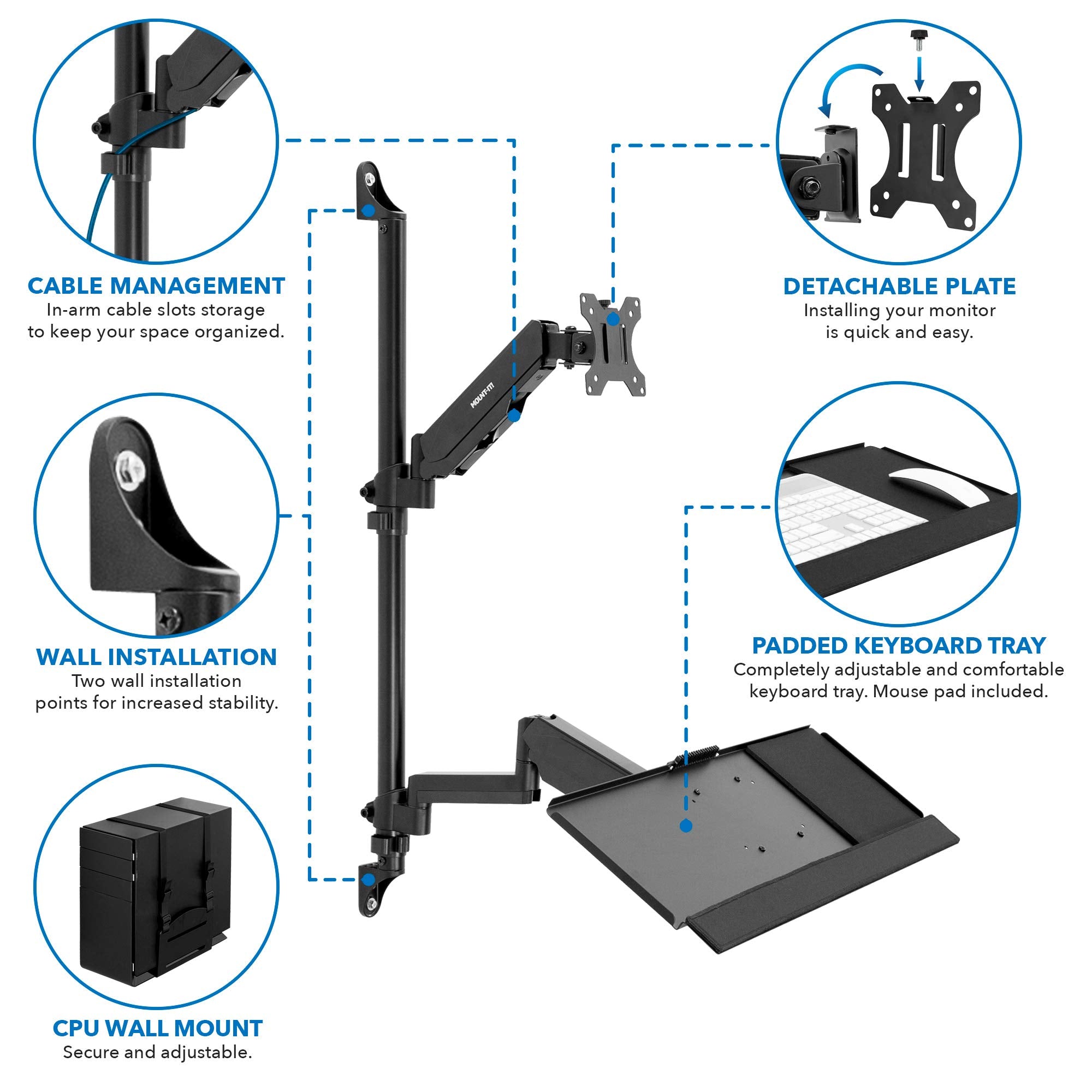 Mount It! Wall Mount Workstation with Single Monitor Mount, Keyboard Tray and CPU Holder, Height Adjustable Full Motion Arms, Fits One 32 Inch Computer Screens