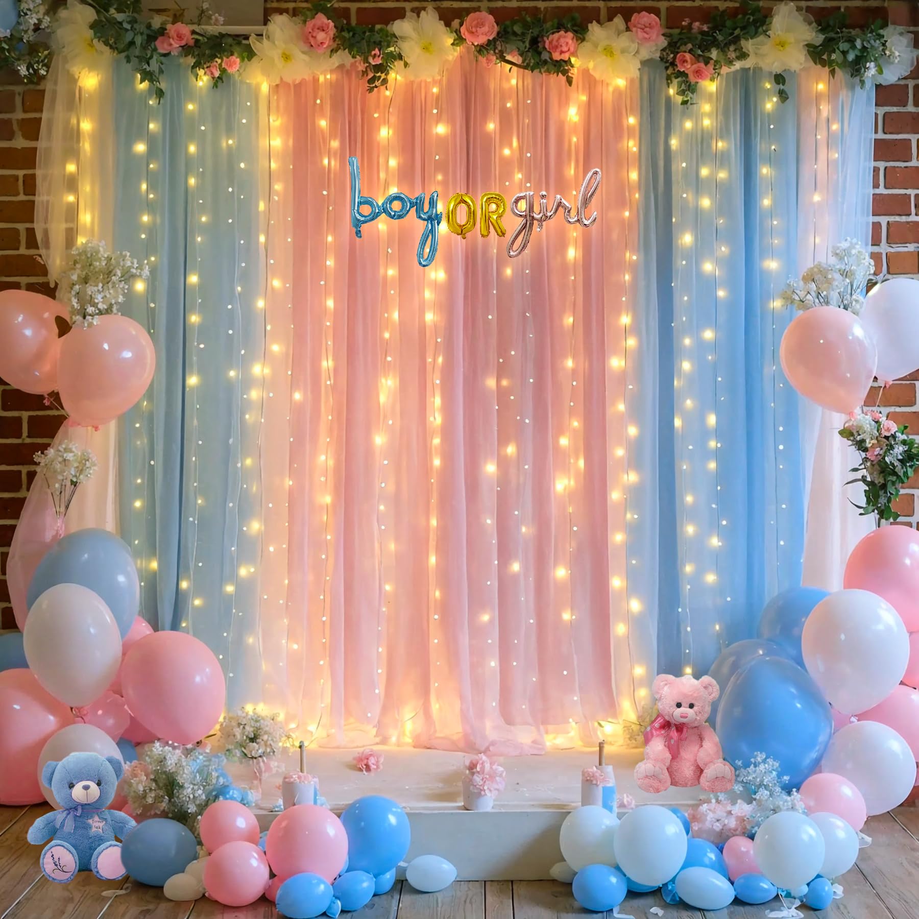 Pink Blue Sheer Tulle Backdrop Curtains With Lights String For Gender Reveal Baby Shower Decorations For Boy Or Girl Birthday Pa