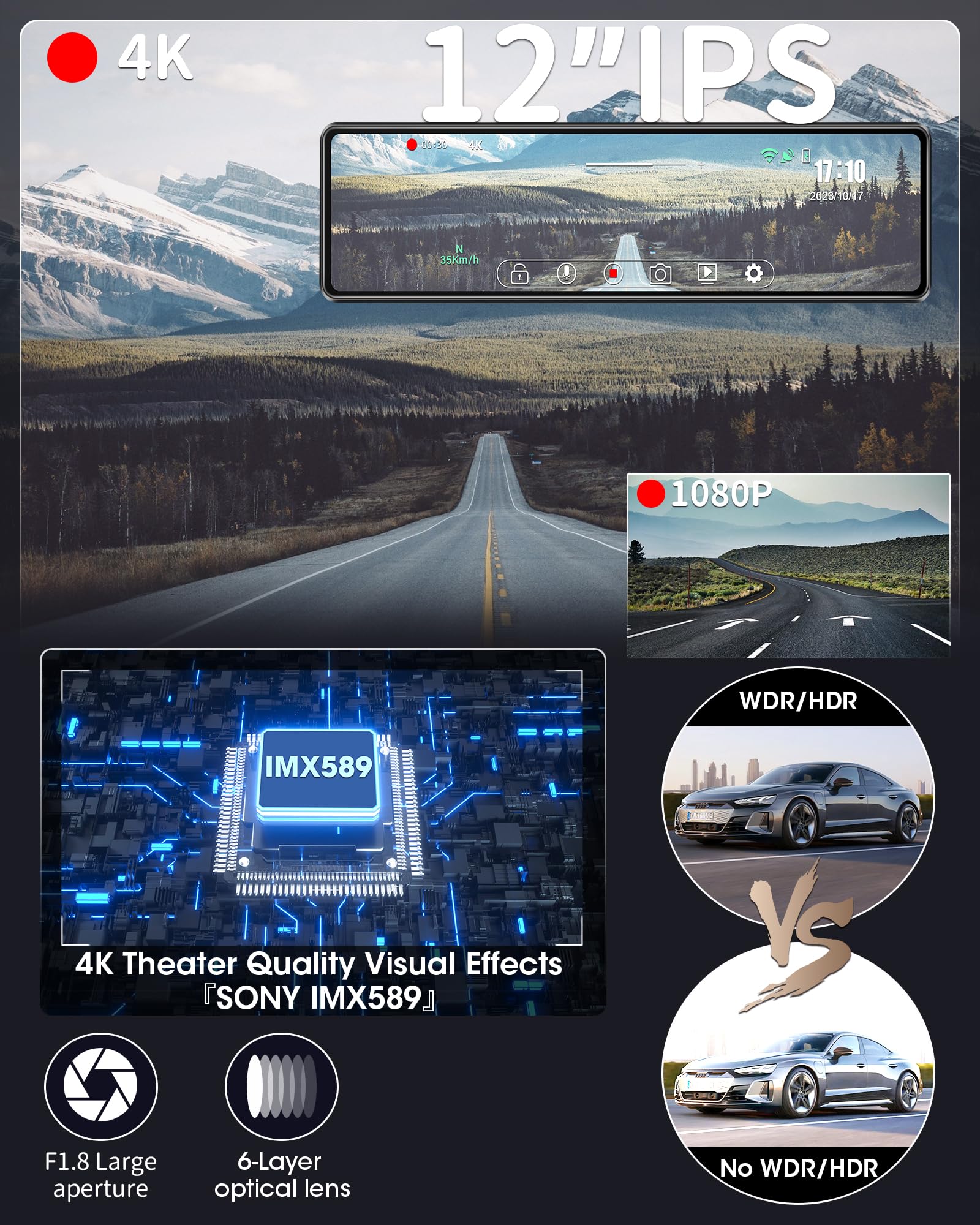 2024 Upgraded 12'' 4K Rear View Mirror Camera With Wifi,2160P Mirror Dash Cam Front And Rear Backup Camera For Cars & Trucks,Wdr