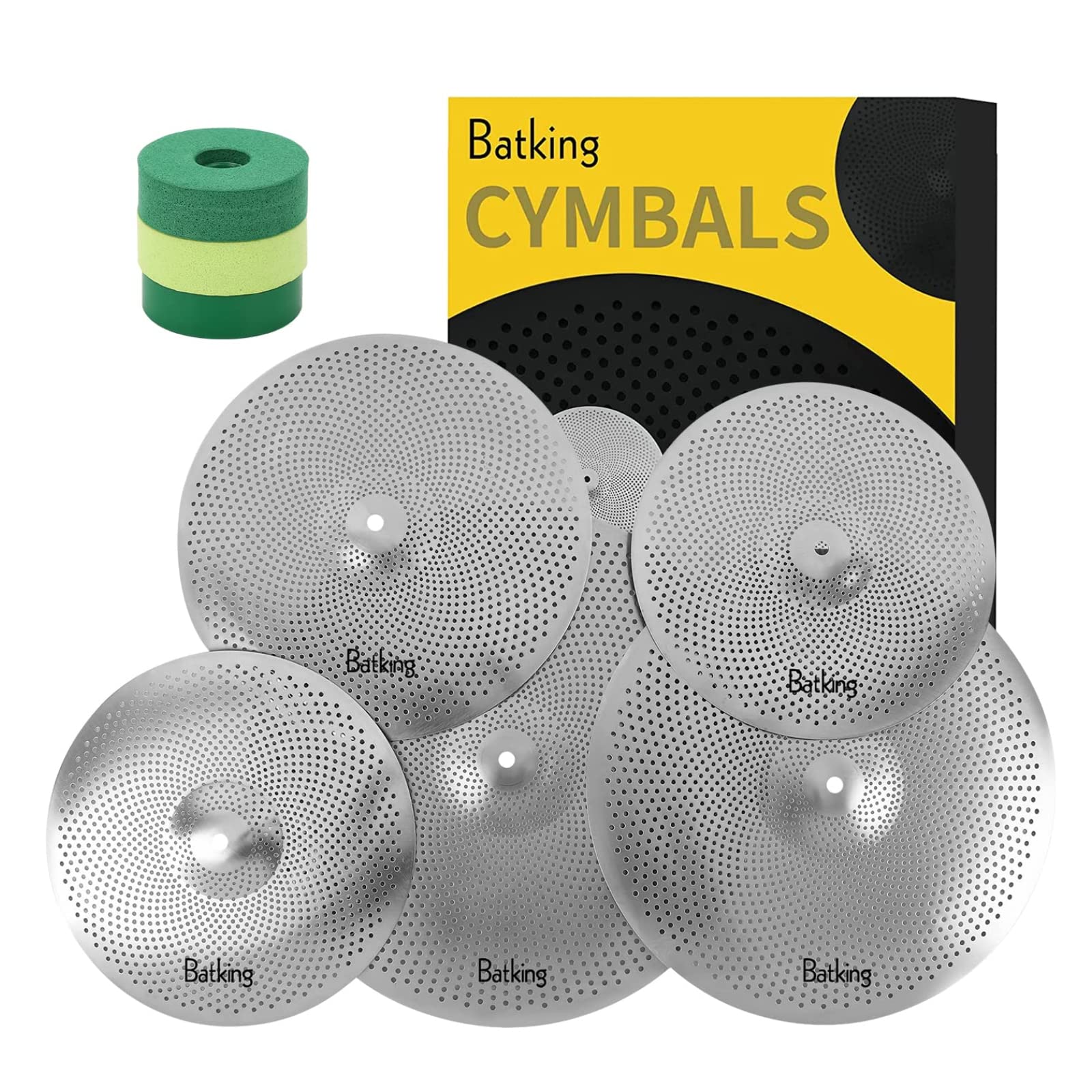 Batking Low Volume Cymbal Pack,60% 70% 14/16/18/20    Quiet Cymbals Practice Set Of 5 Pcs Practice With Cymbal Felt And Sleeve