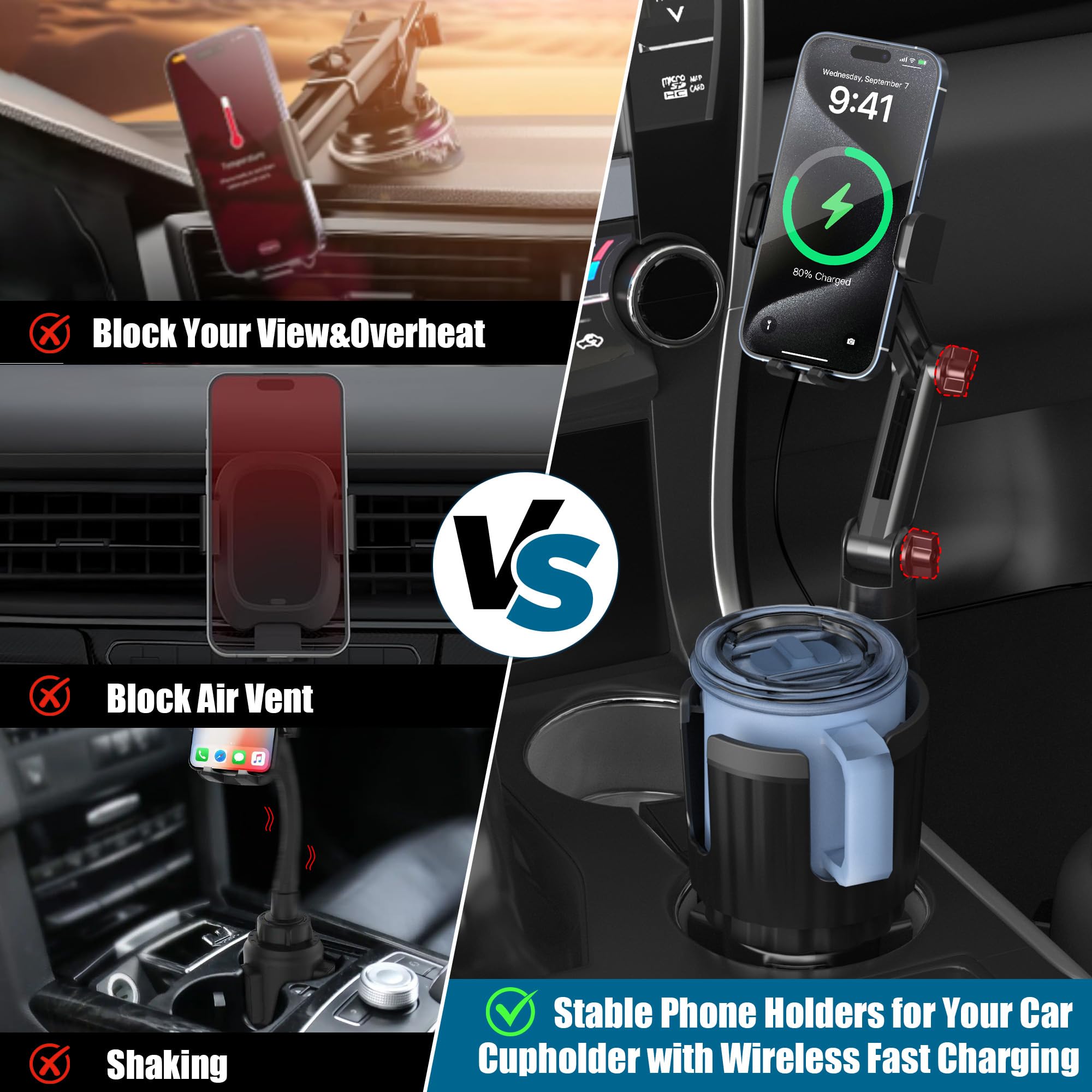 Wireless Car Charger Phone Mount Cup Holder, 3 In 1 15W Fast Charging Auto Clamping Cup Holder Expander For Car, Phone Holders F