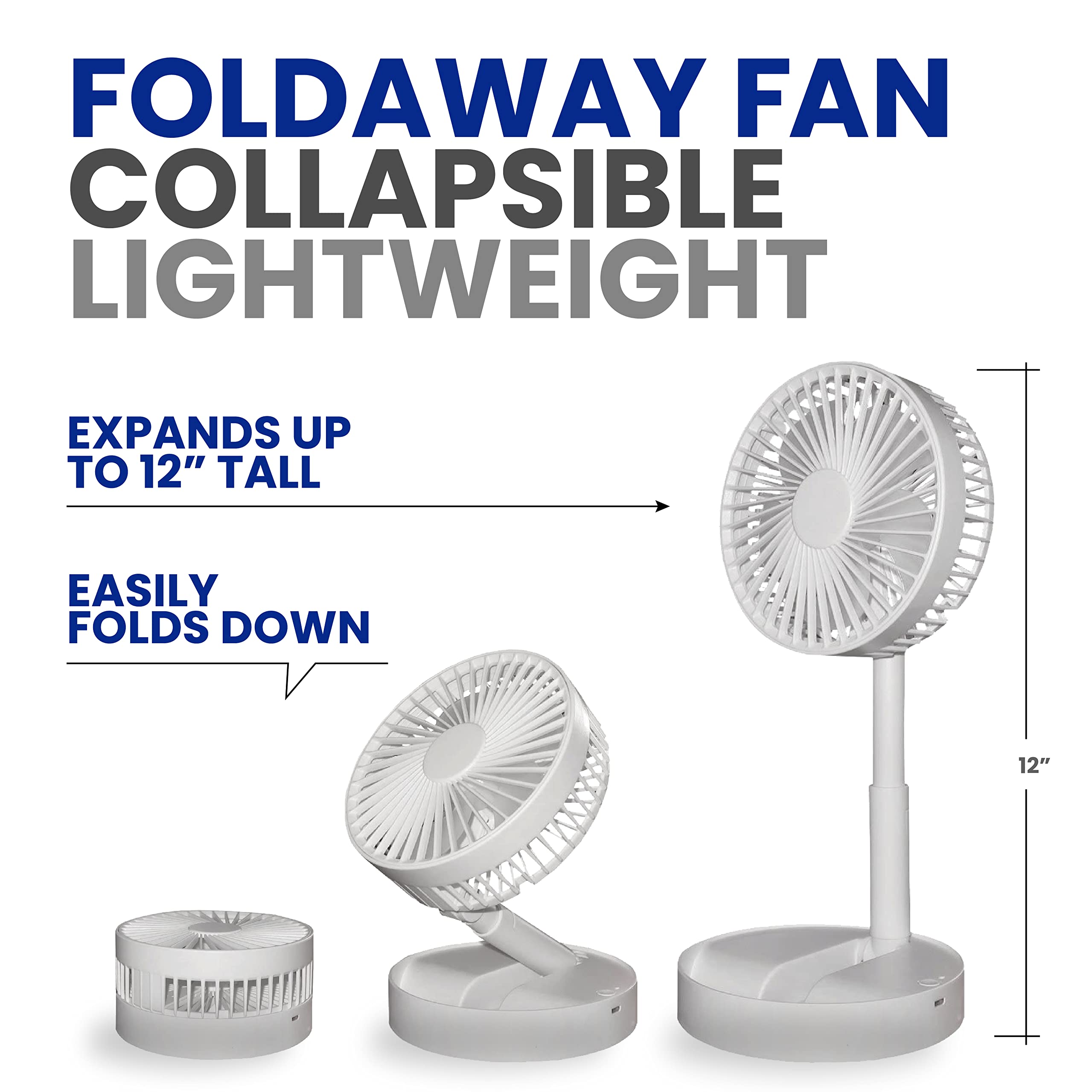 Bell+Howell MY FOLDAWAY FAN Mini Rechargeable Portable Fan - 12" High, Lightweight, White, Model 7623, 2 Speed Modes