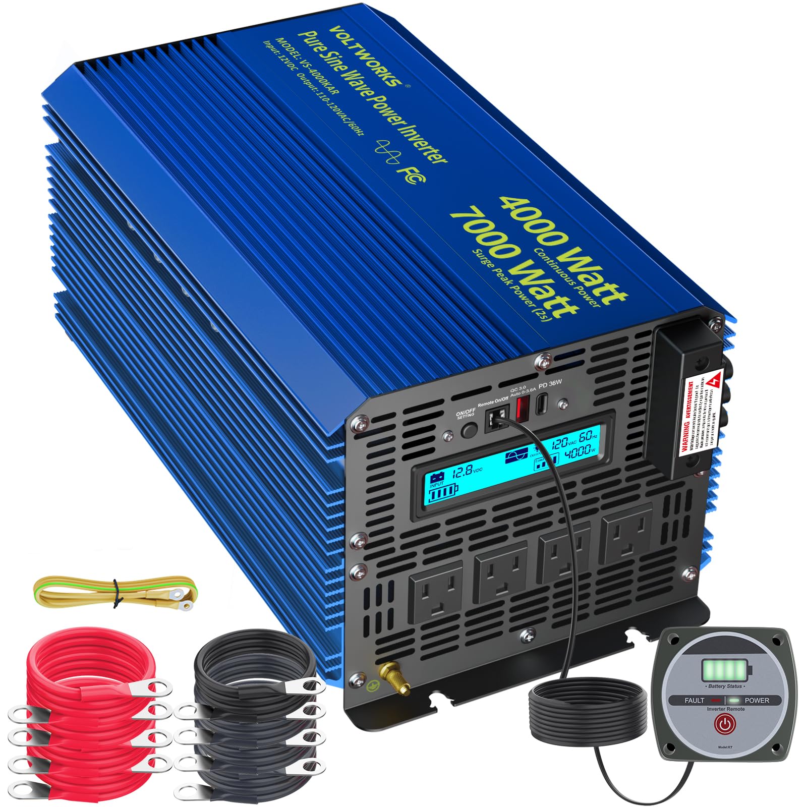 4000 Watt Inverter Pure Sine Wave Power Inverter 12V to 110V 120V AC, 7000W Surge Peak Power for 2s, 2025 New Invention, FCC App