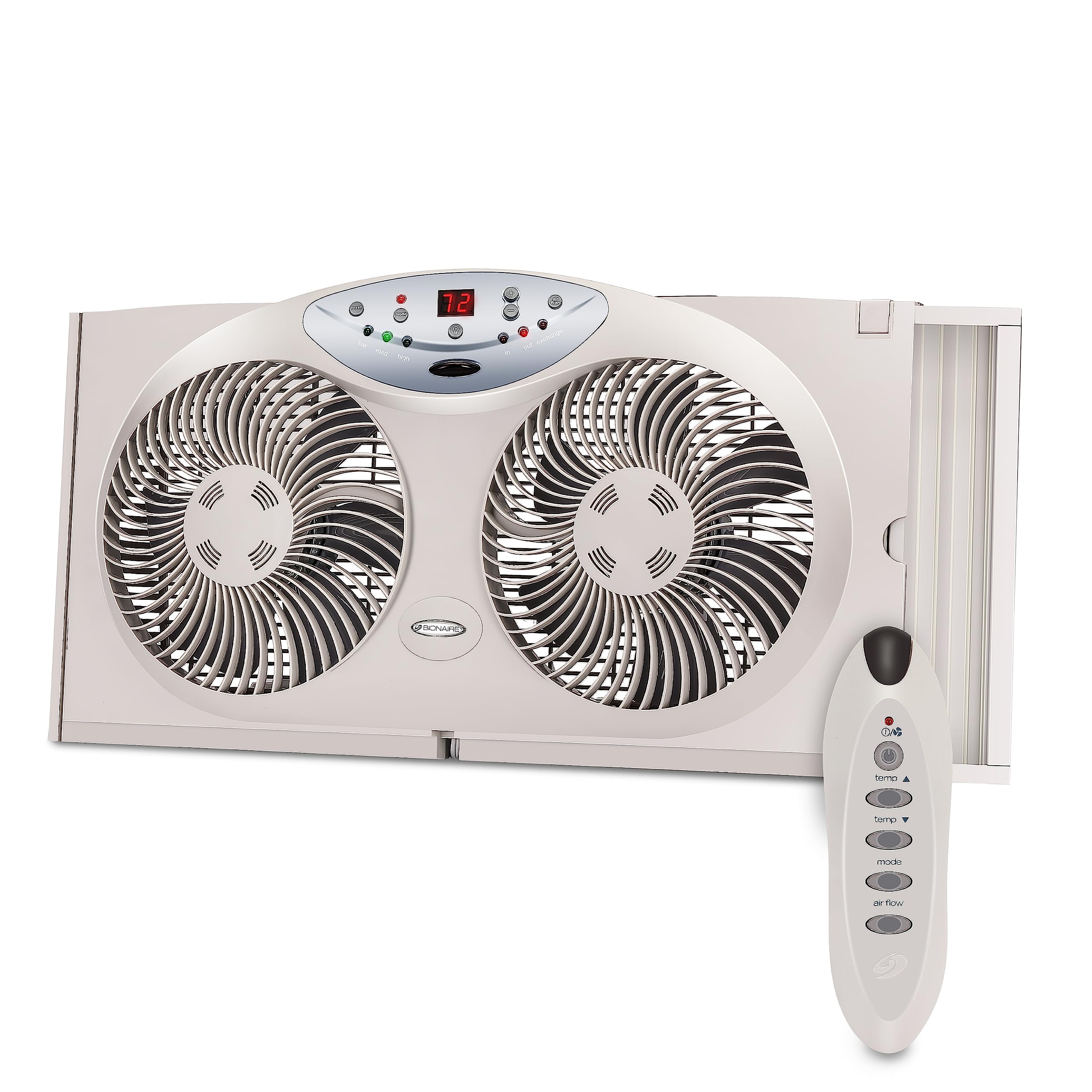 Bionaire Window Fan with Reversible Airflow Blades - 3-Speed Settings, Programmable Thermostat, LED Display, Remote Control, Fit