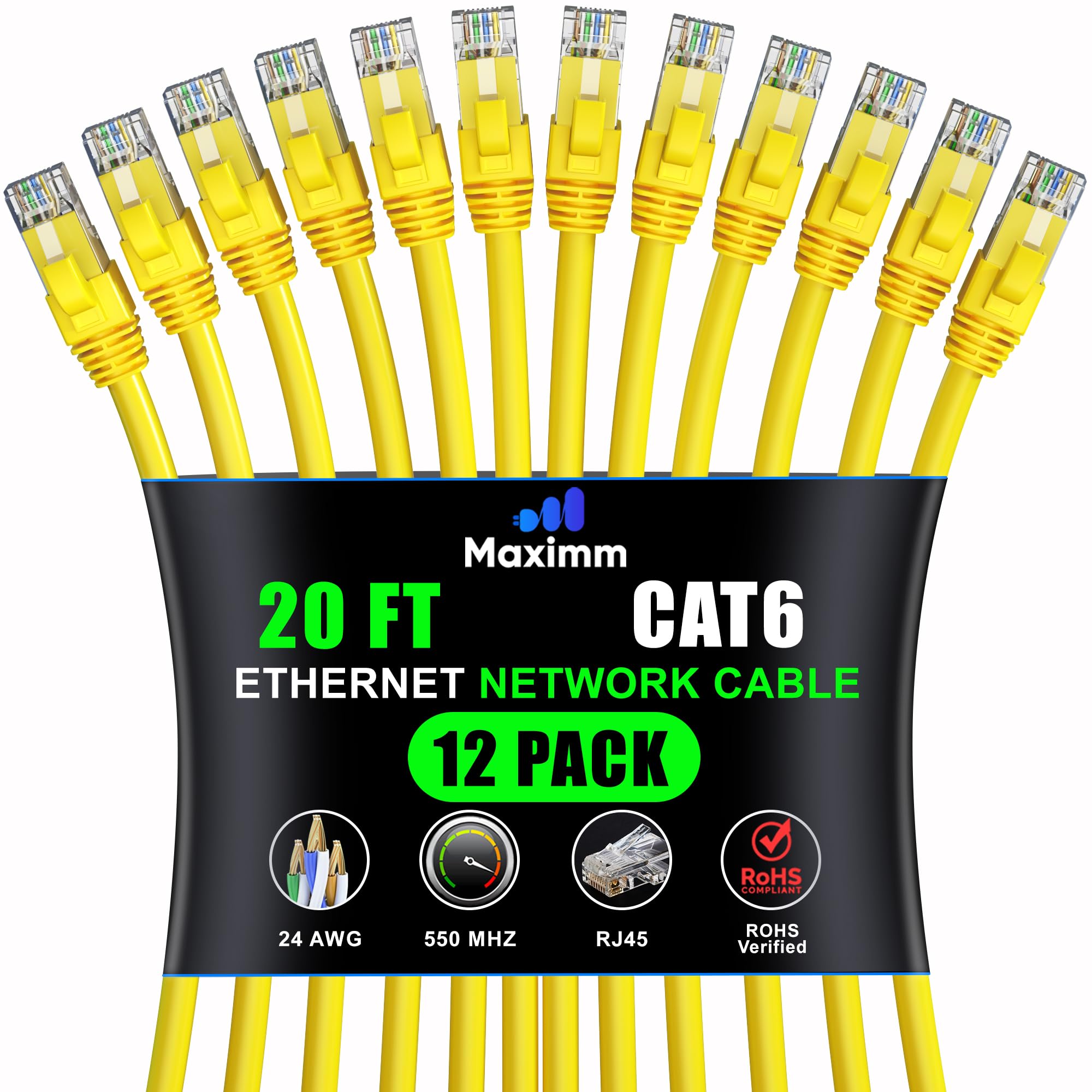 Maximm Cat 6 Ethernet Cable 20 Ft (12 Pack)   High Speed Lan Cable, Internet Cable, Patch Cable, And Network Cable   Utp, 10Gbps, 550Mhz Ethernet Cord   Yellow
