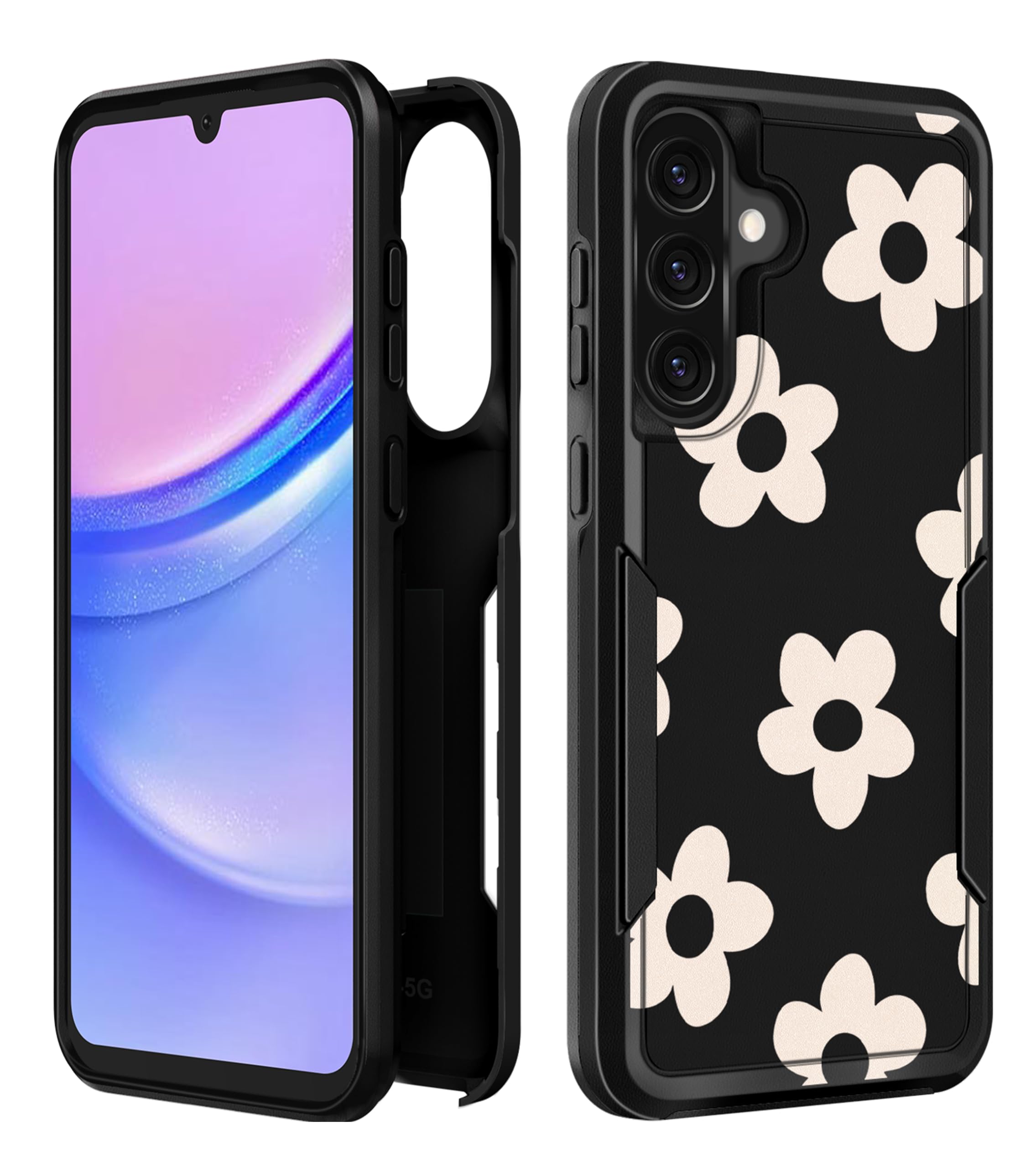 Plakill for Galaxy A36 5G Phone Case Women - Cute Girls Cover Kawaii Girly Aesthetic Unique Design Black Flower Heavy Duty Prote