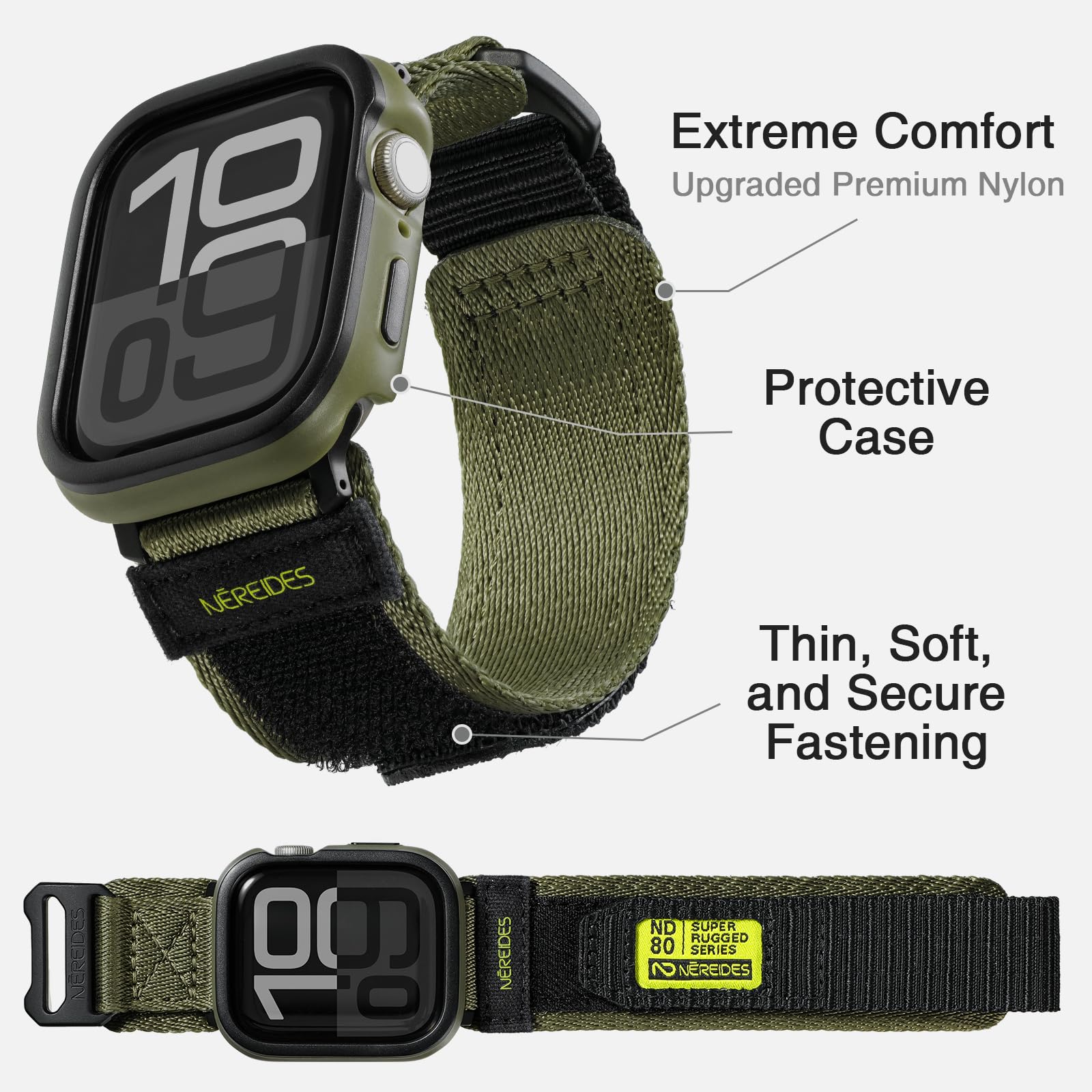 Rugged Case With Band For Apple Watch Series 10 Band 46Mm, Hook And Loop Nylon Sport Strap With Case For Iwatch Men(Army Green)