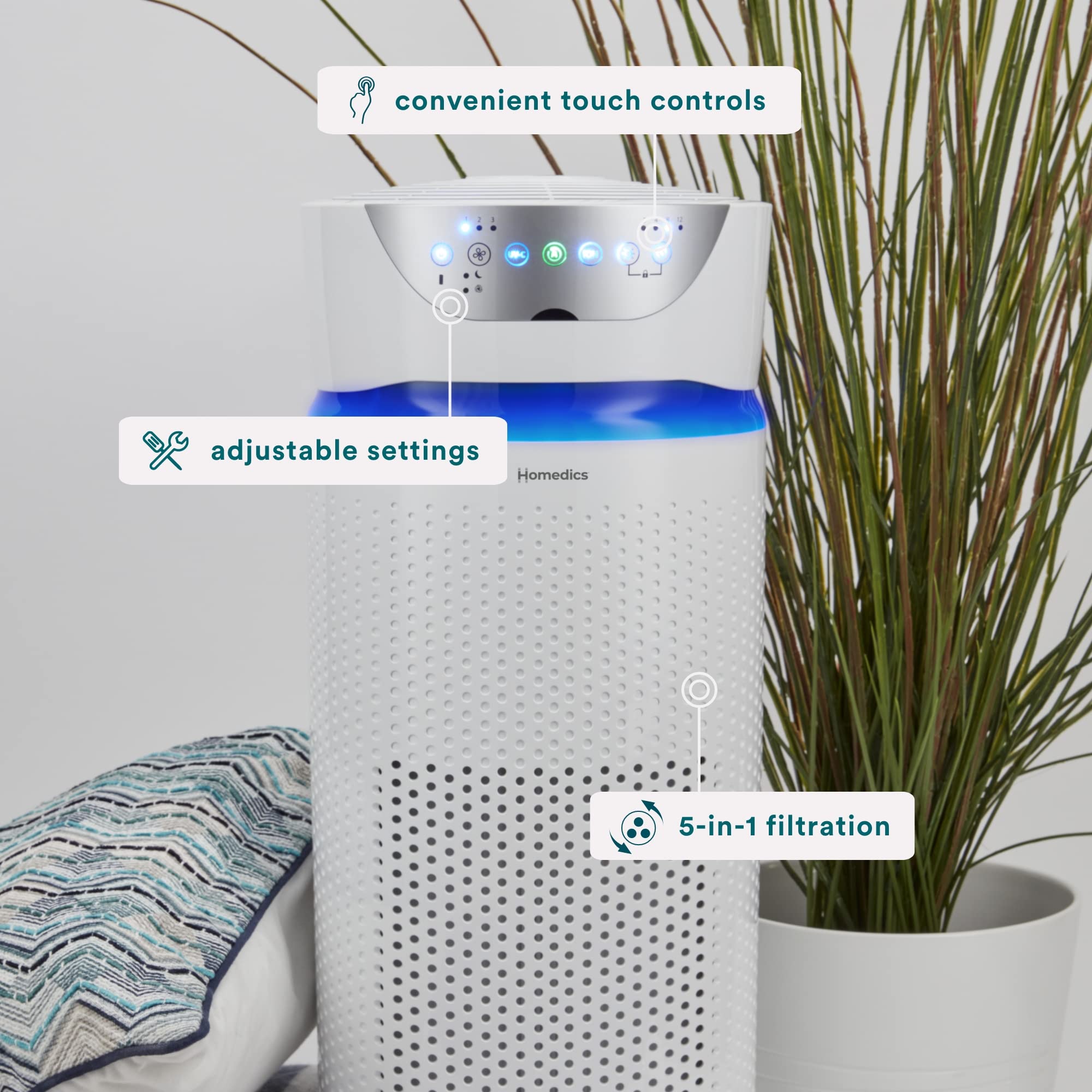 Homedics 5-in-1 UV-C Air Purifier, 360-Degree HEPA Filter, Extra Large Room, White, Model AP-T