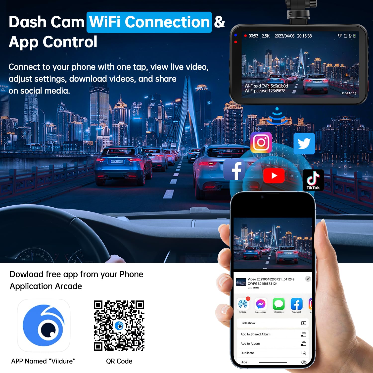 Dash Cam Front And Rear, Dash Camera For Cars Wifi/App Control Dual Dashcam W/ 64Gb Card, 2.5K Dash Cam Front+1080P Rear Car Cam