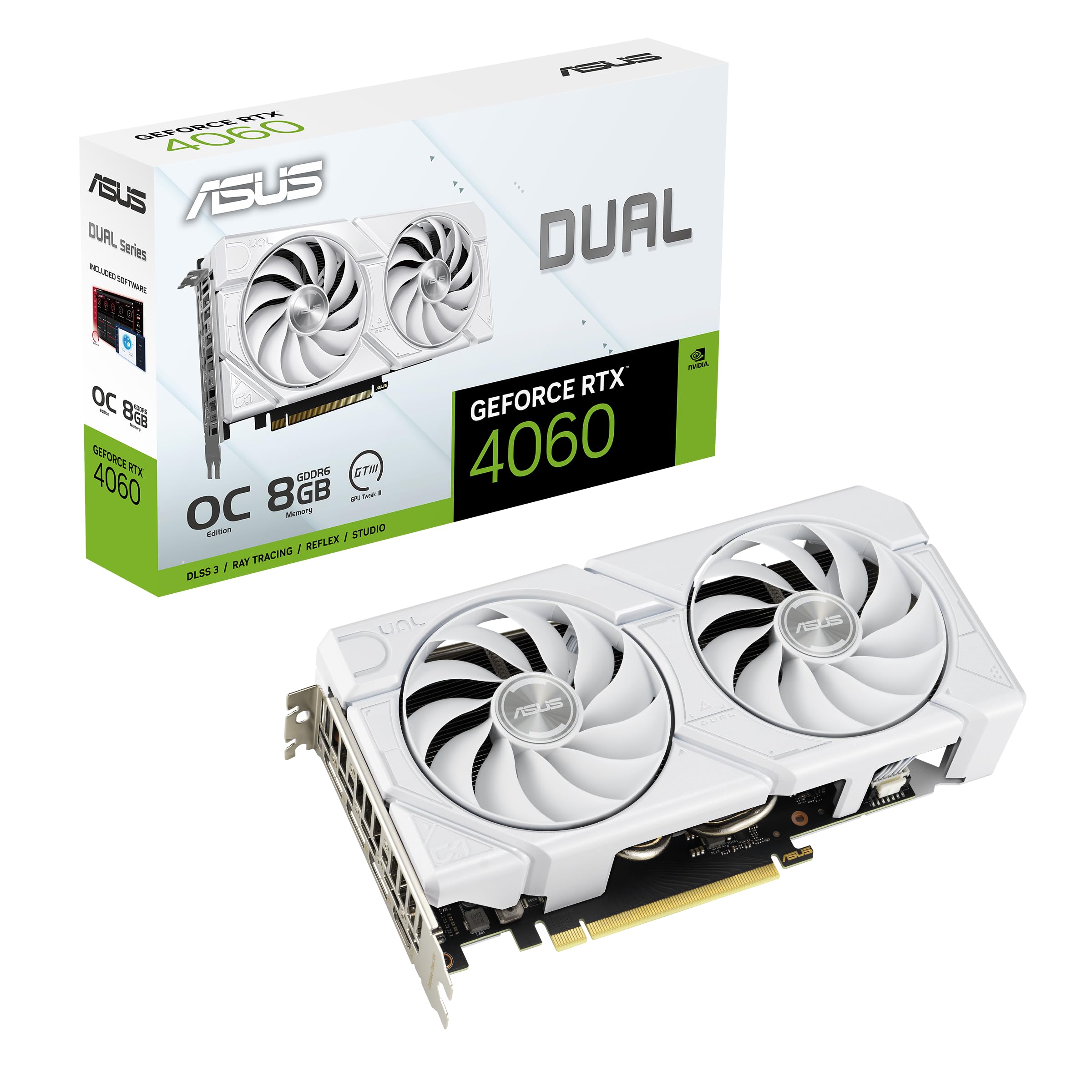 Asus Dual Geforce Rtx 4060 Evo White Oc Edition 8Gb Gddr6 (Pcie 4.0, 8Gb Gddr6, Dlss 3, Hdmi 2.1A, Displayport 1.4A, Axial Tech