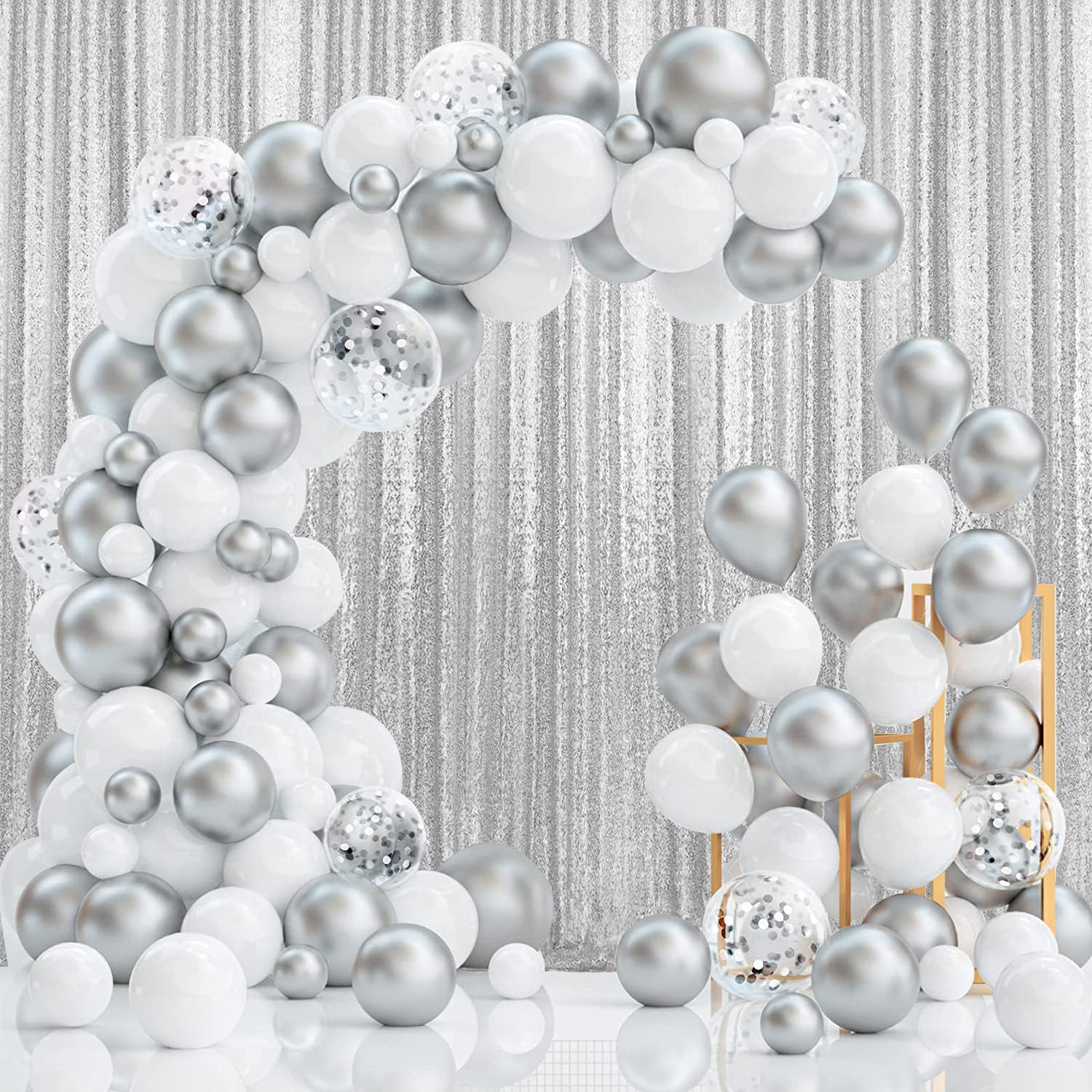 2  8Ft 2Pcs Silver Sequin Backdrop Curtains Panels, Photography Backdrop Glitter Fabric Background For Christmas Wedding Party D