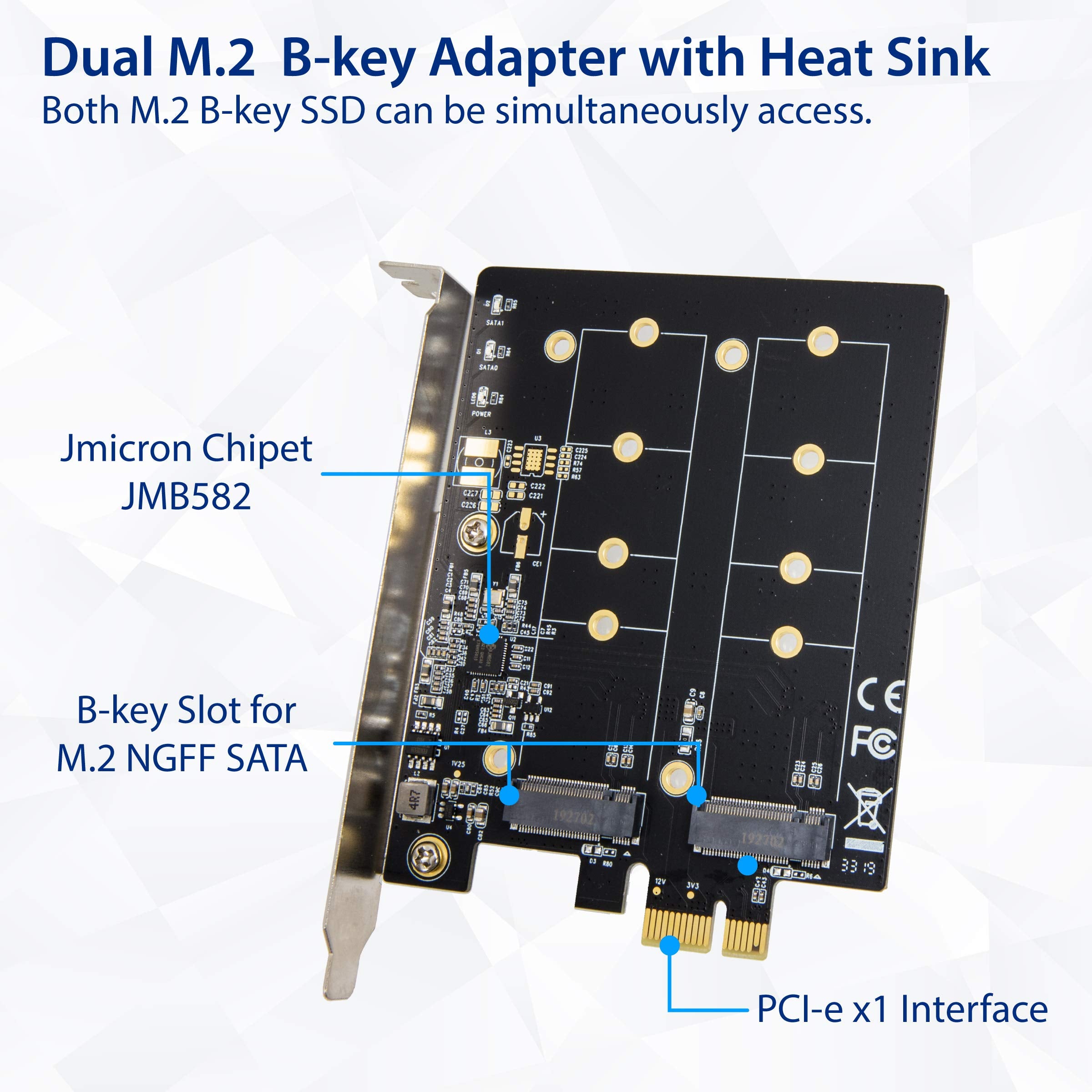 IO CREST Dual M.2 B-Key SATA SSD Converter PCI Express 3.0 x1 Expansion Card Heat Sink Jmicron JMB582 Chipset SI-PEX40153