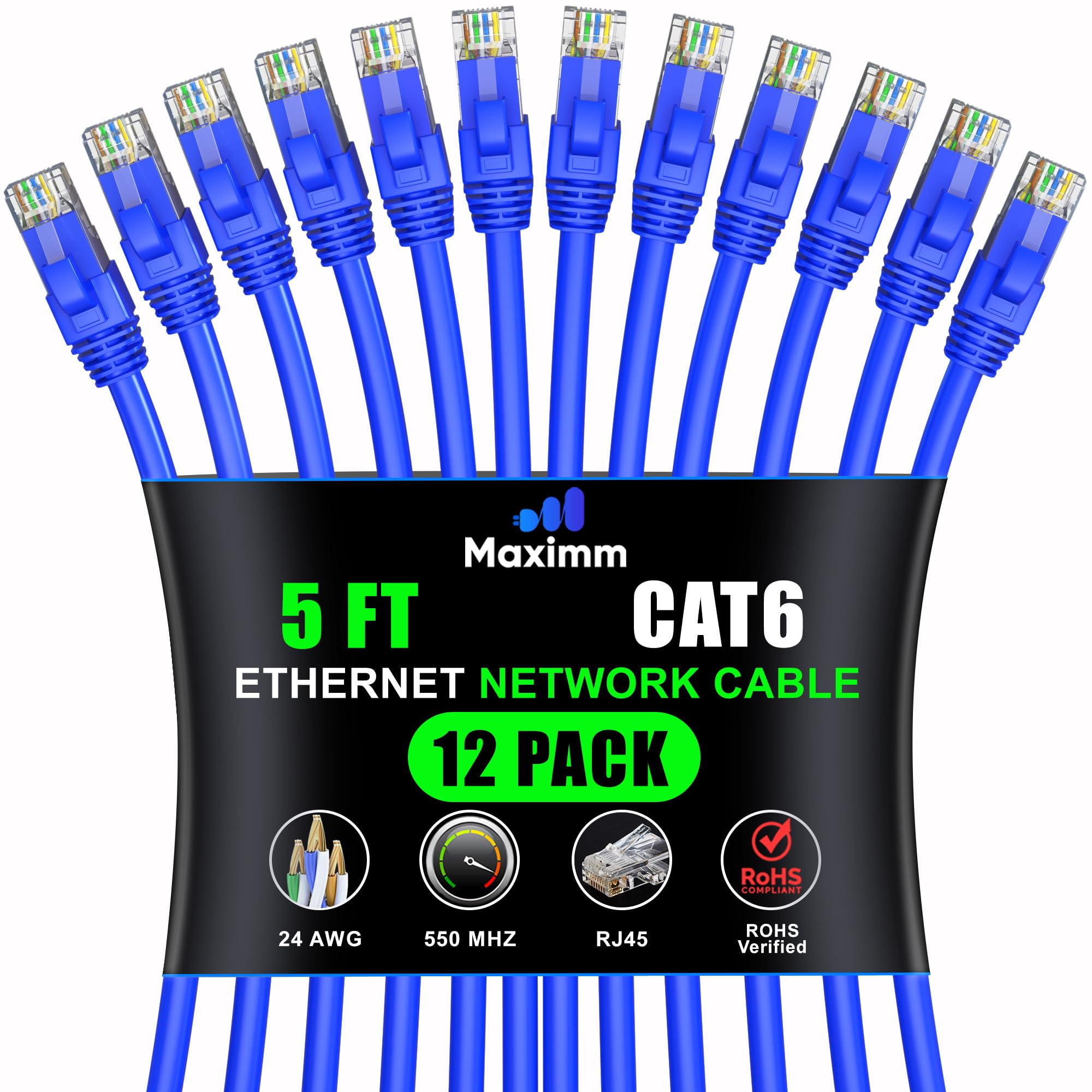 Maximm Cat 6 Ethernet Cable 5 Ft (12 Pack)   High Speed Lan Cable, Internet Cable, Patch Cable, And Network Cable   Utp, 10Gbps, 550Mhz Ethernet Cord   Blue