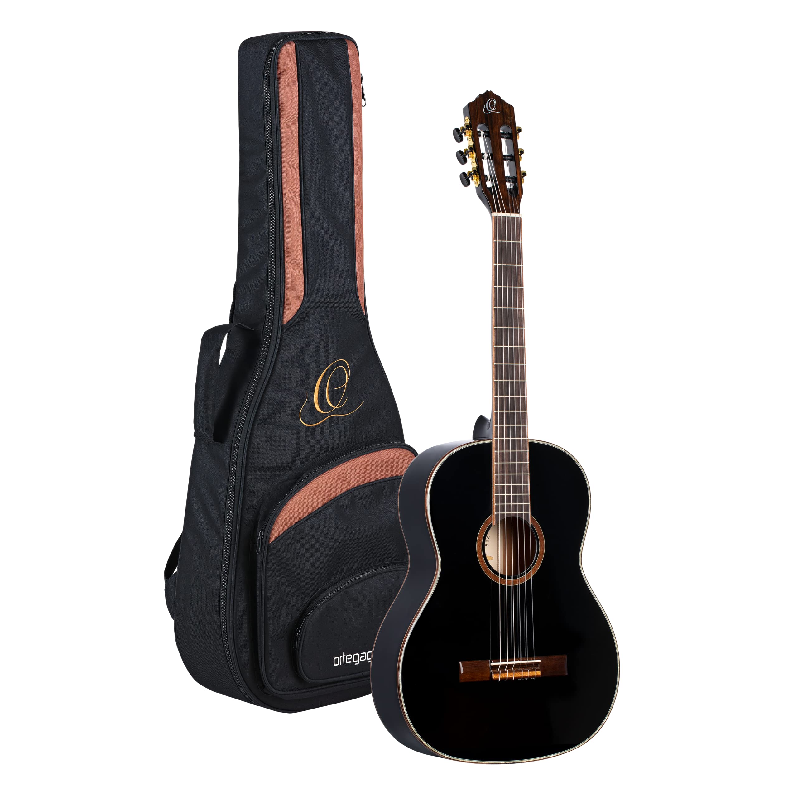 Ortega Guitars 6 String Family Series Size Nylon Classical Guitar w/Bag, Right, Spruce Top-Black-Gloss, Full - Slim Neck (R221SN