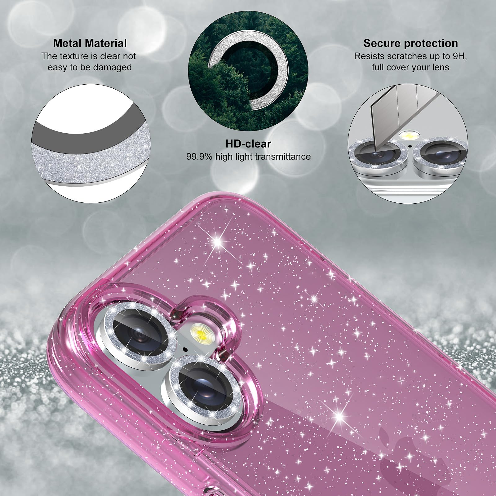 Jasmeas Glitter Case For Iphone 16, With [2 Pack] Screen Protector & [2 Pack] Camera Lens Protector Sparkle Pc Hard Soft Tpu Sil