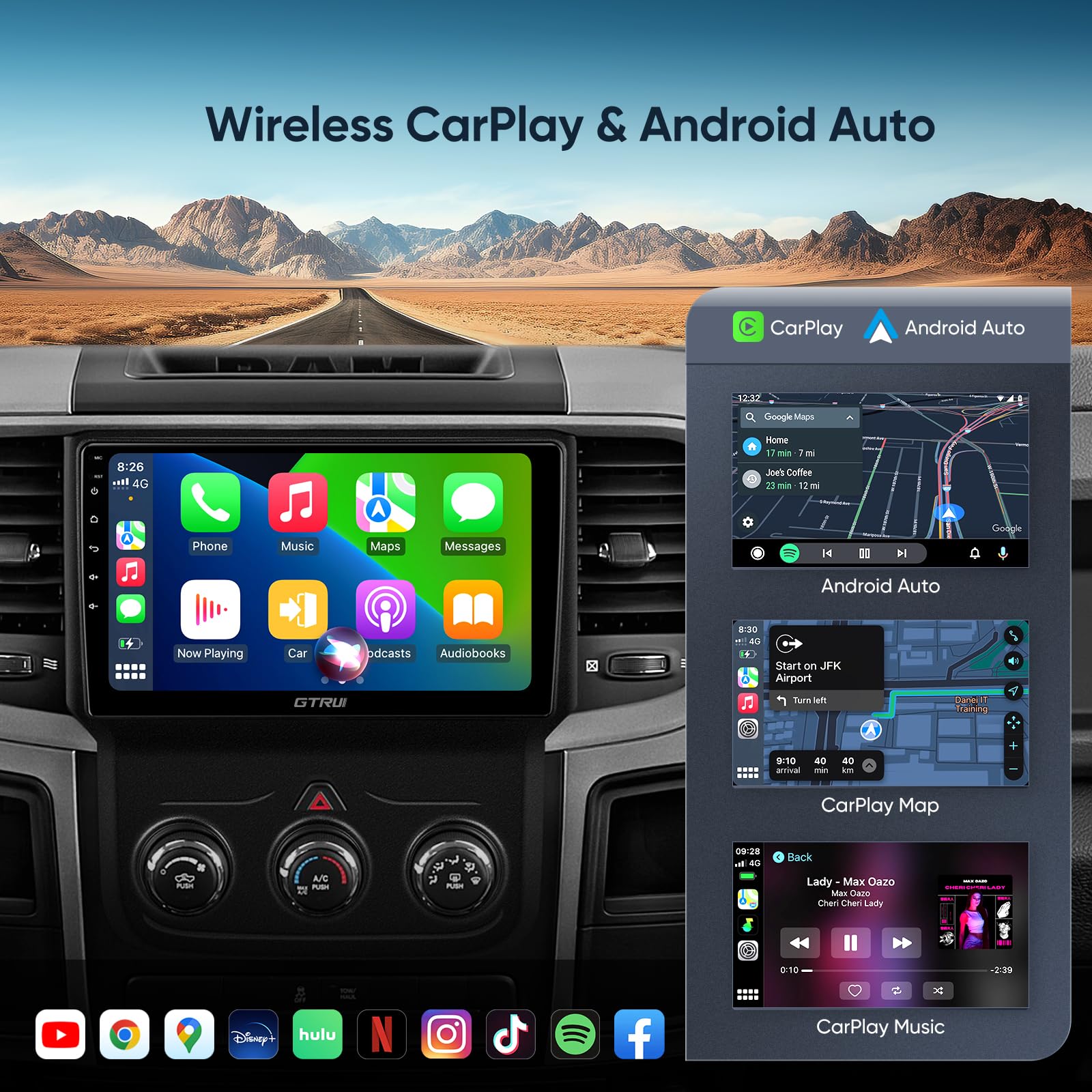 Gtrui 9 Inch Qled Touch Screen 4+64Gb Android Car Stereo For Dodge Ram 1500 2500 3500 2013 2018,Wireless Carplay Auto 5G Wifi Bl