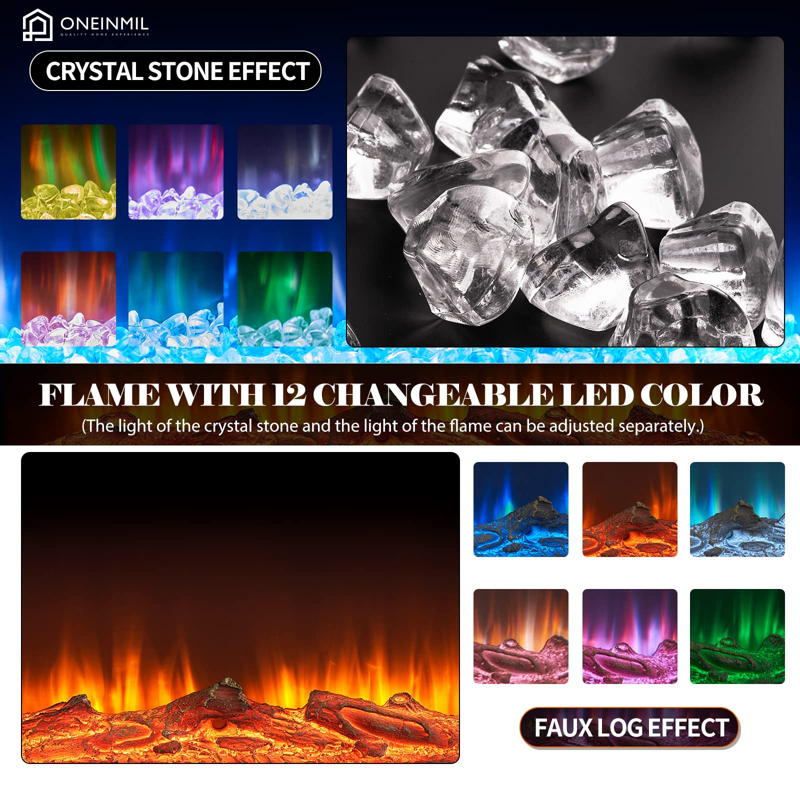 Oneinmil Electric Fireplace, 60 Inch Wide Recessed And Wall Mounted Electric Fireplace, 750W/1500W, 12 Color Flame, Remote Contr